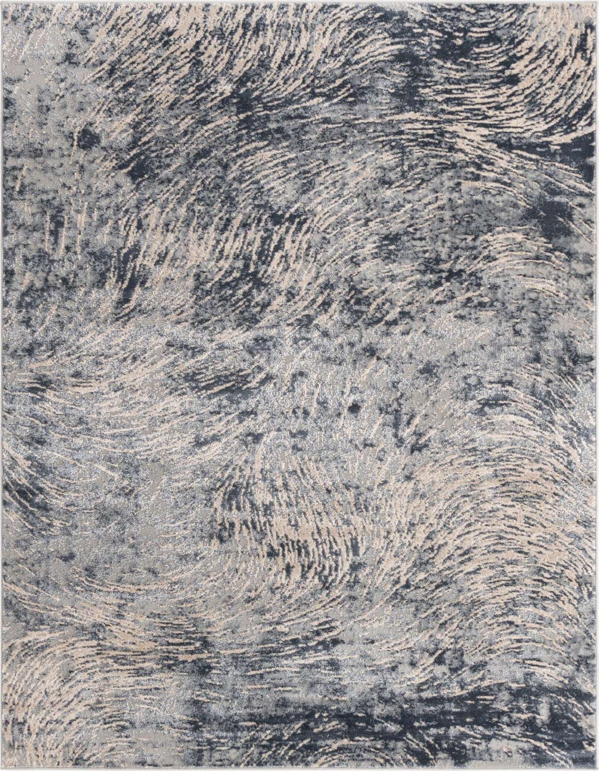 A 5x8 rectangular gray and silver coastal modern rug with a textured, abstract wave pattern, suitable for a living room or office.