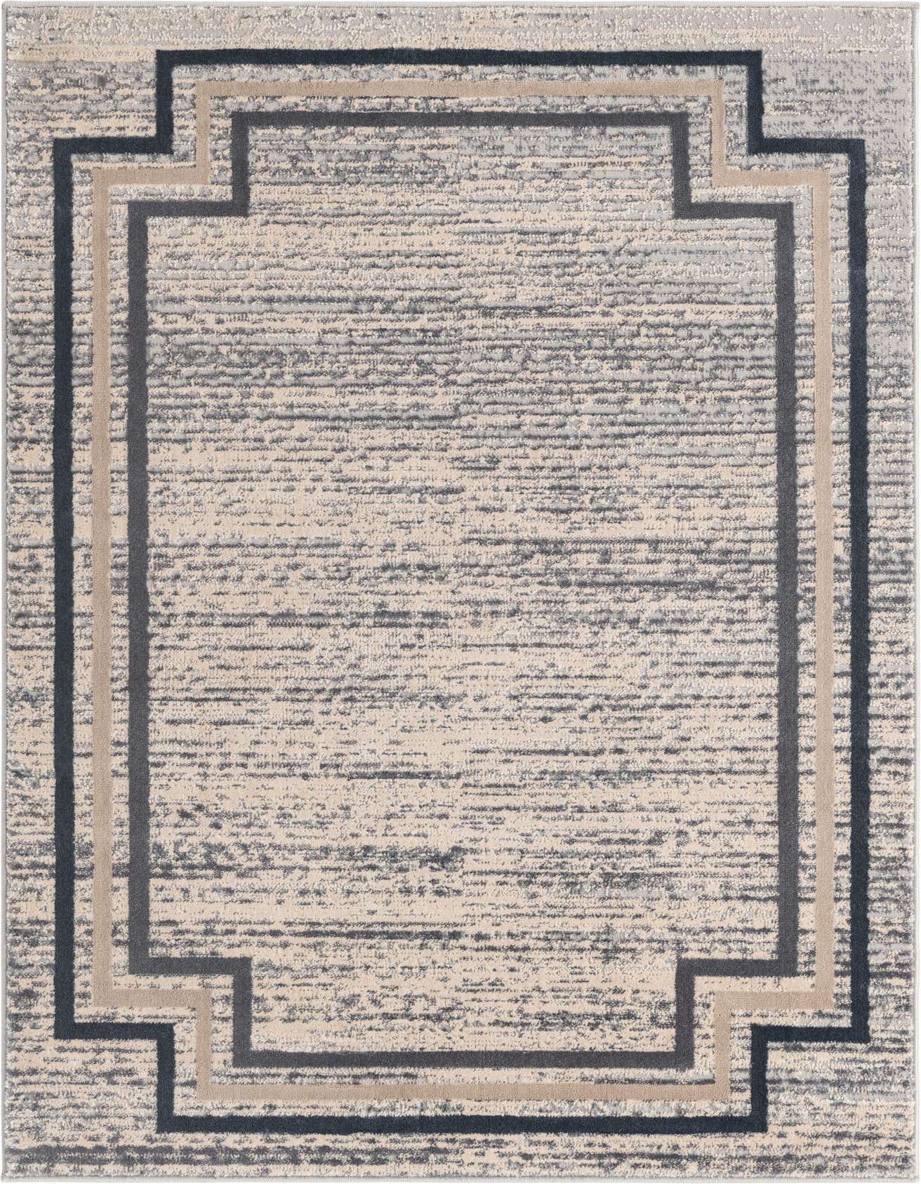 A 4x6 rectangular gray area rug with a textured pile and a modern geometric border in varying shades of gray and beige.