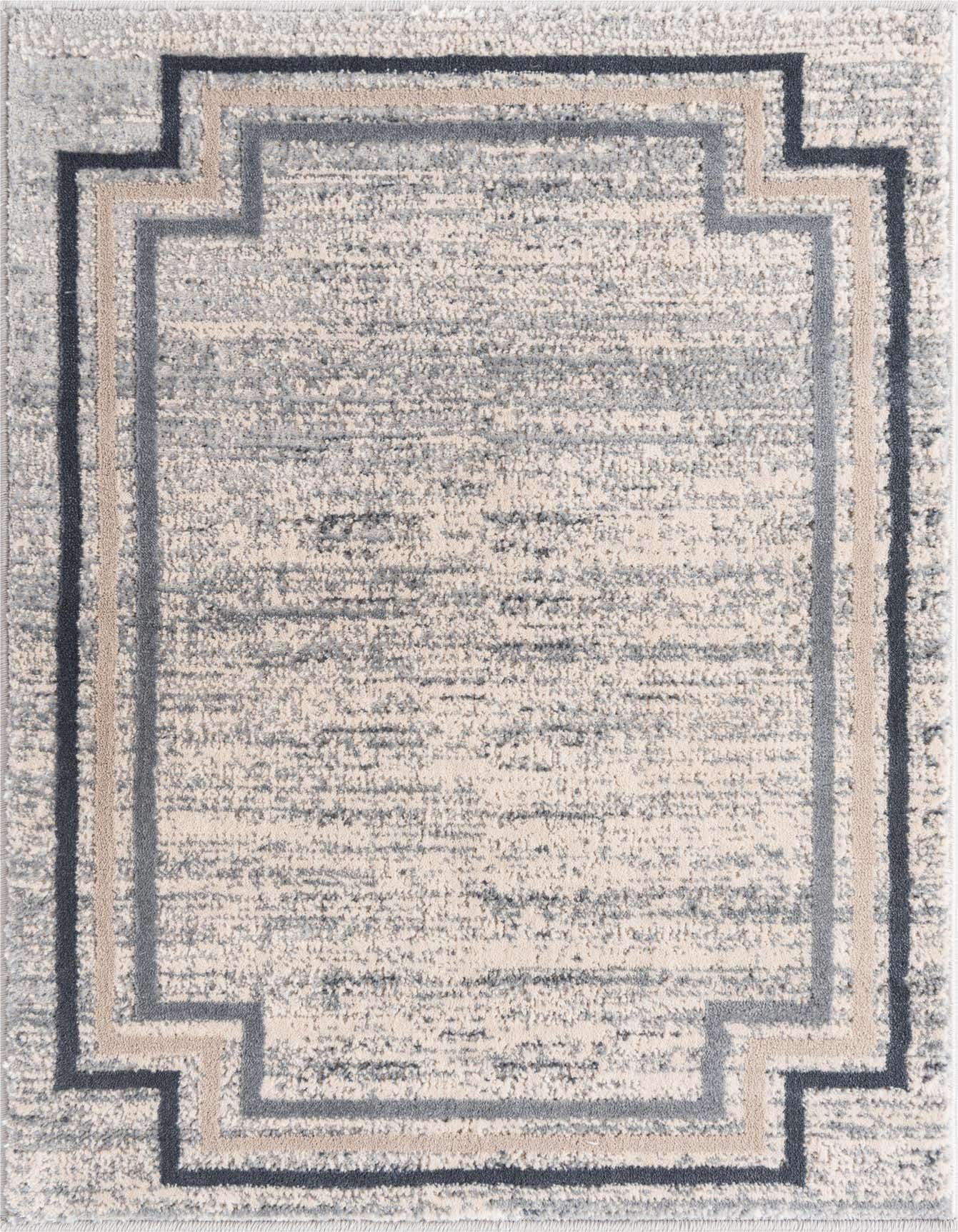 A 2x3 rectangular gray and silver textured rug with a modern geometric border in varying shades of gray and beige.