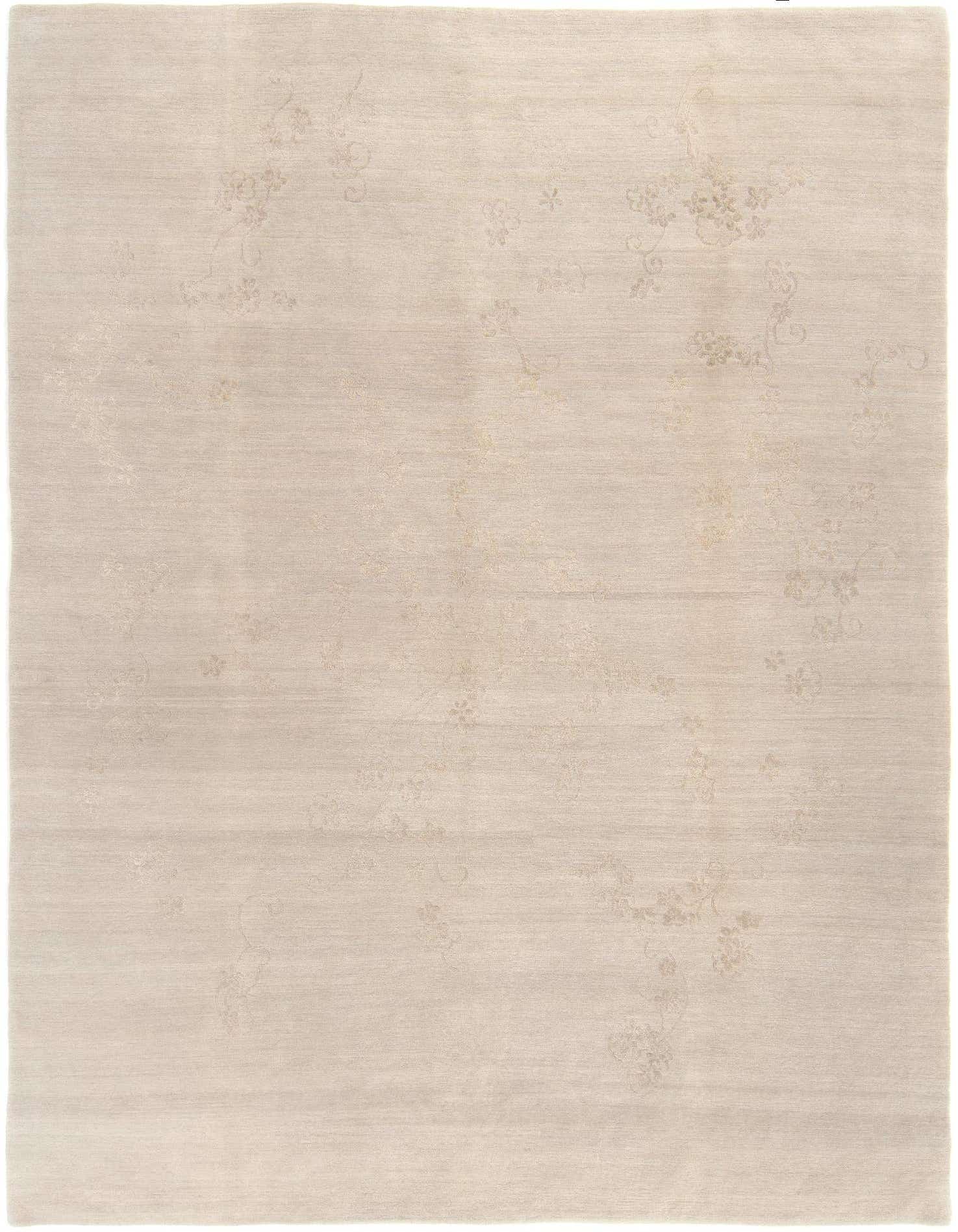 An 8x10 rectangular gray wool rug with a subtle, light gray Persian floral pattern, ideal for a living room.