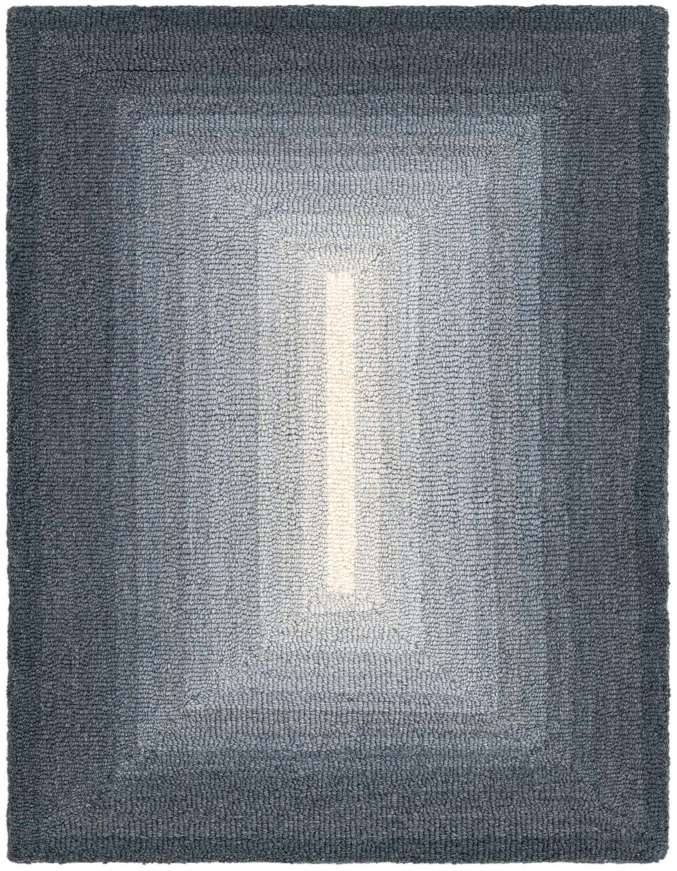 A rectangular 2x3 gray wool rug featuring an ombre design that transitions from dark gray edges to a light silver center.