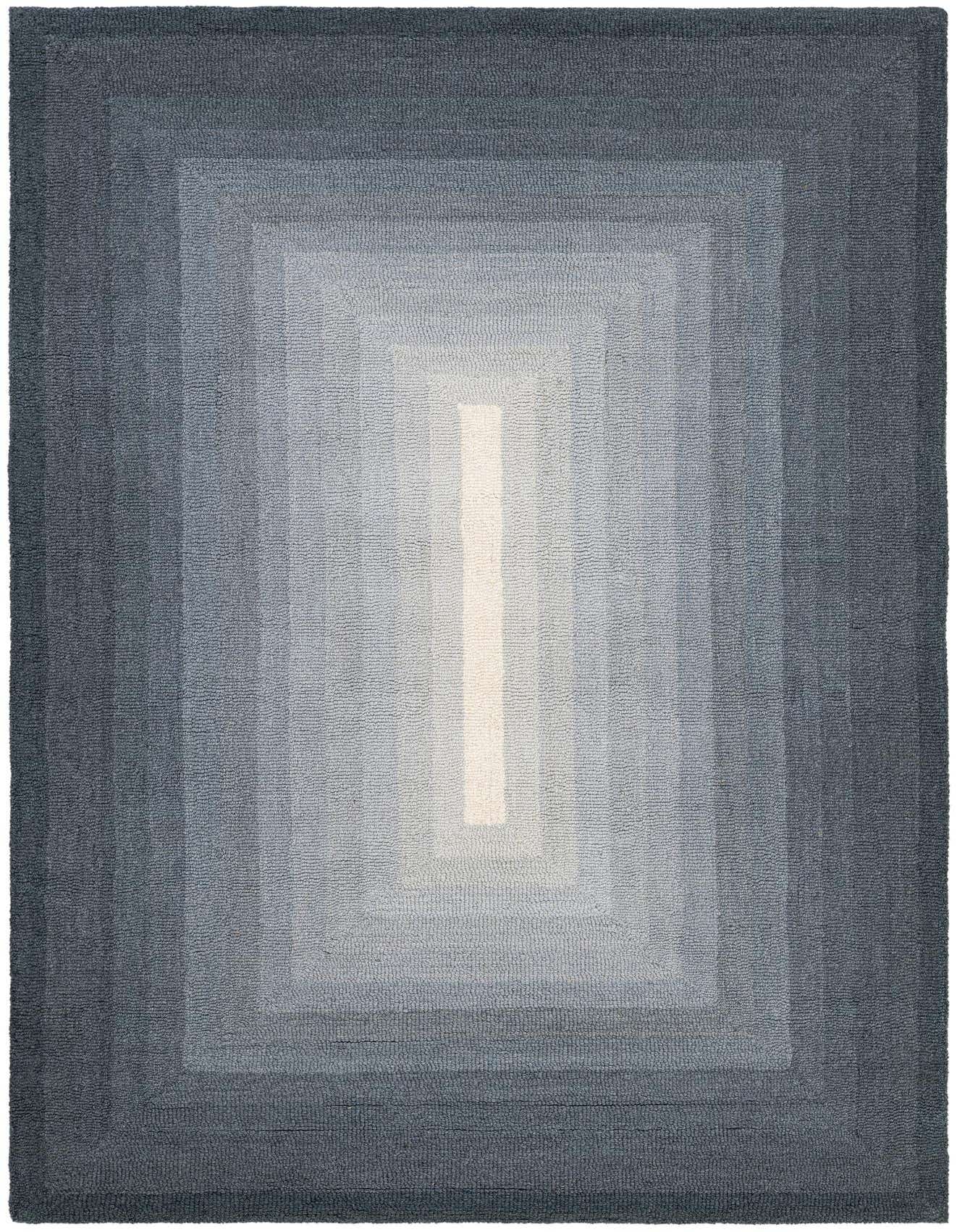 A rectangular 4x6 gray wool rug featuring an ombre pattern with concentric rectangles fading from dark gray to light silver in the center.