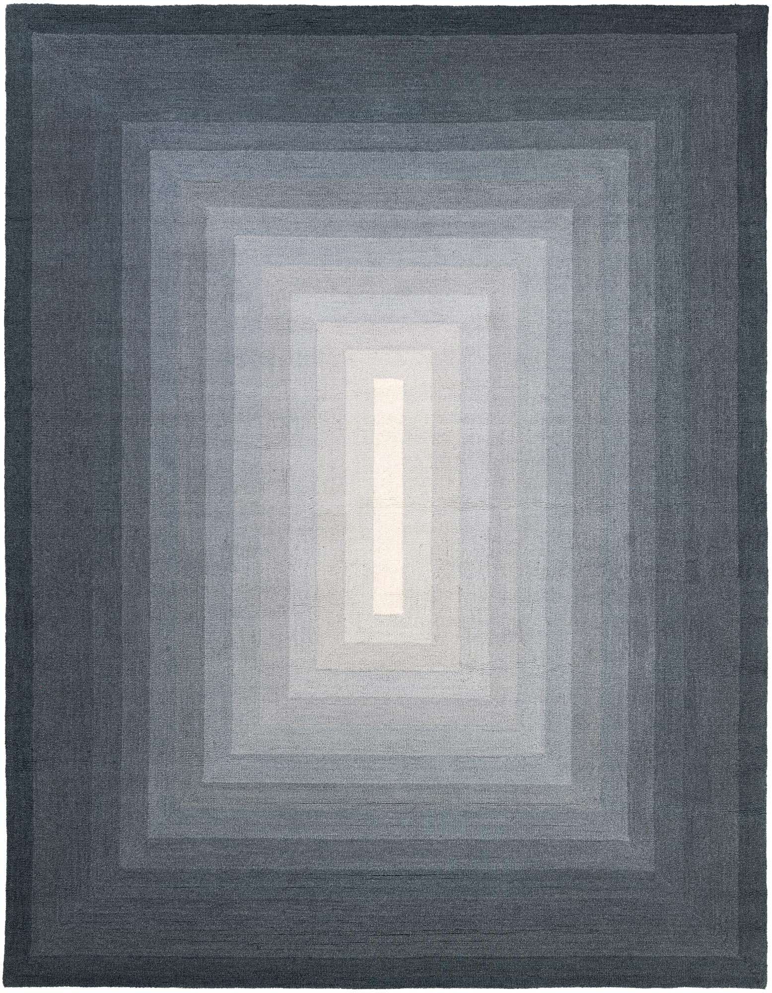 An 8x10 rectangular modern wool rug featuring an ombre pattern of concentric rectangles fading from dark gray to light silver.