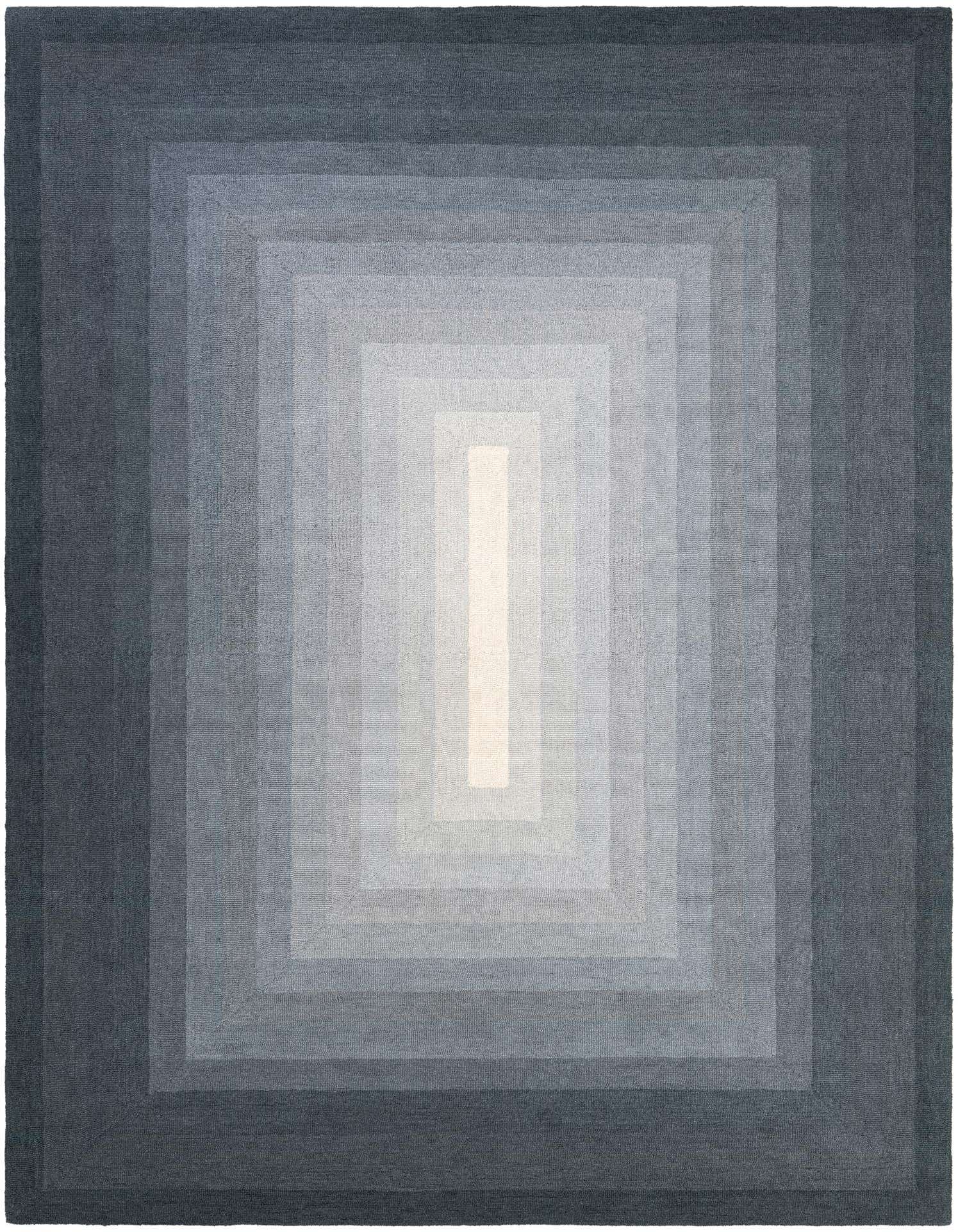 A rectangular 9x12 gray wool area rug featuring a gradient ombre pattern of concentric rectangles fading from dark gray to light silver at the center.