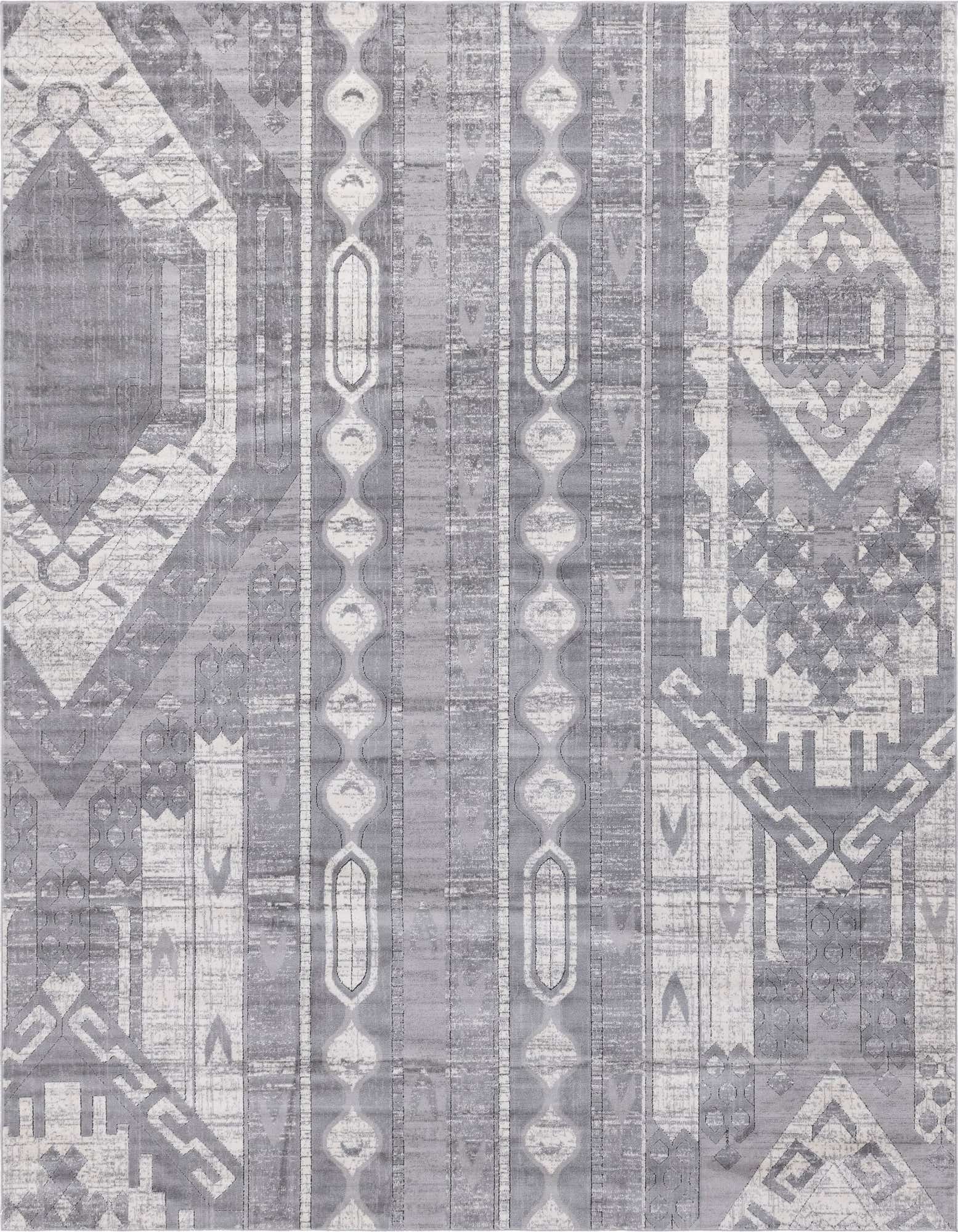 A 10x14 rectangular gray area rug with a distressed Bohemian and Southwestern tribal pattern, featuring stripes and geometric shapes.