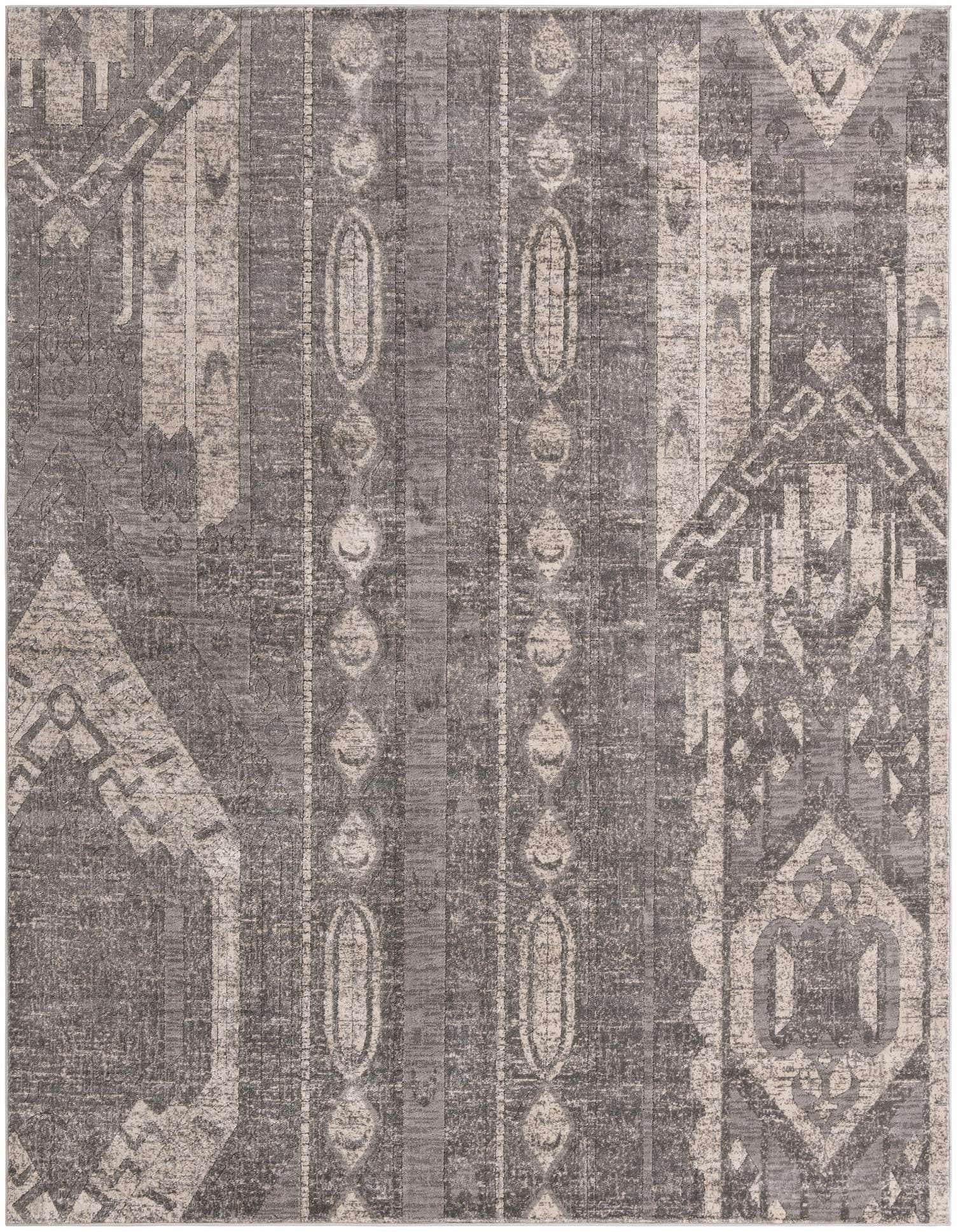 A 10x13 rectangular gray area rug with a distressed Bohemian and Southwestern tribal pattern, featuring light gray stripes and geometric shapes.
