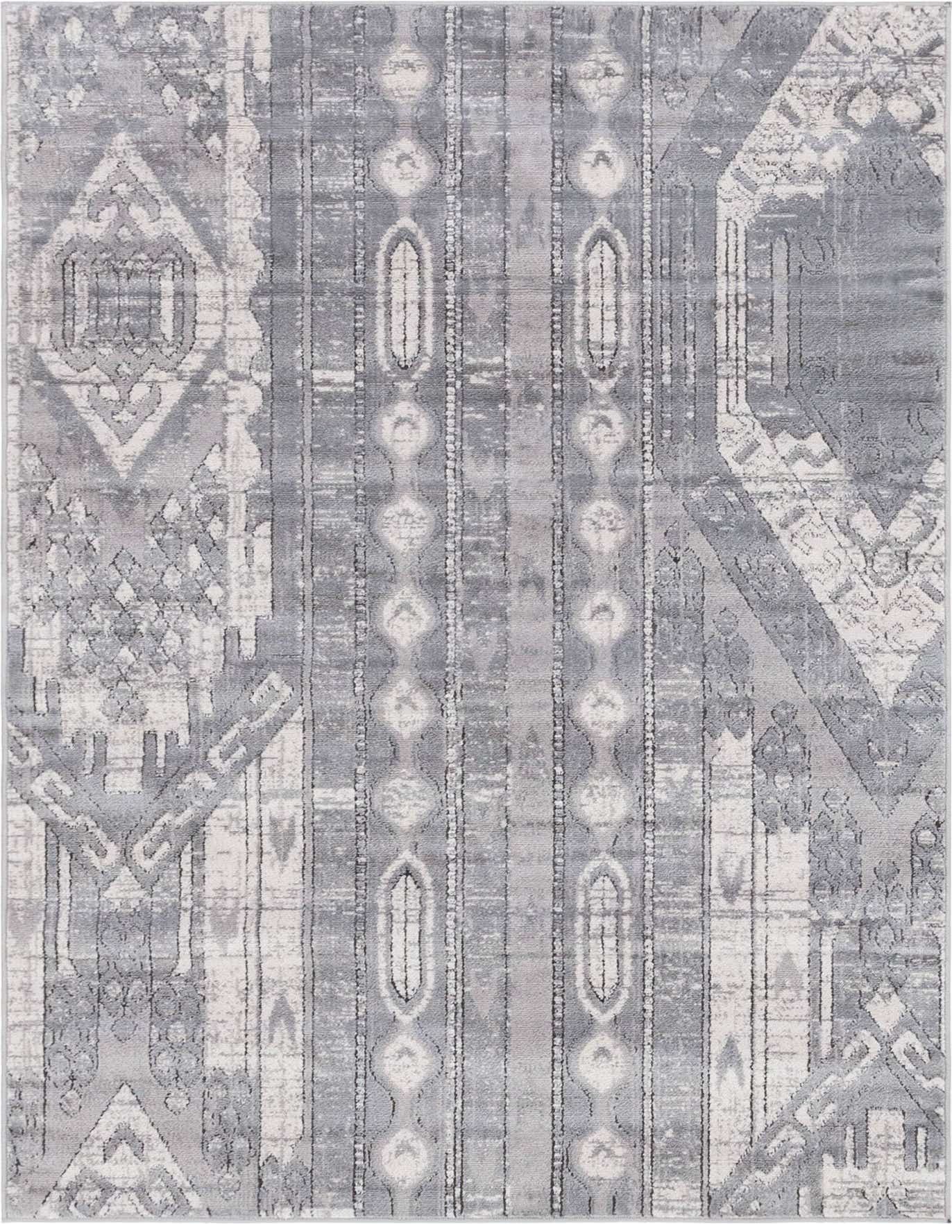 A 4x6 rectangular gray area rug featuring a distressed bohemian and tribal pattern with stripes and geometric shapes.