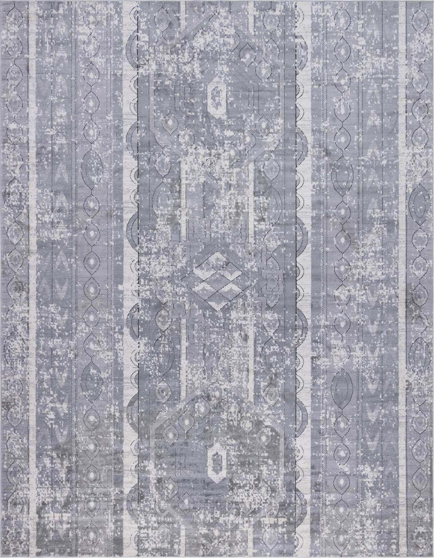 A 10x13 rectangular gray area rug featuring a distressed bohemian and tribal stripe pattern with silver accents.