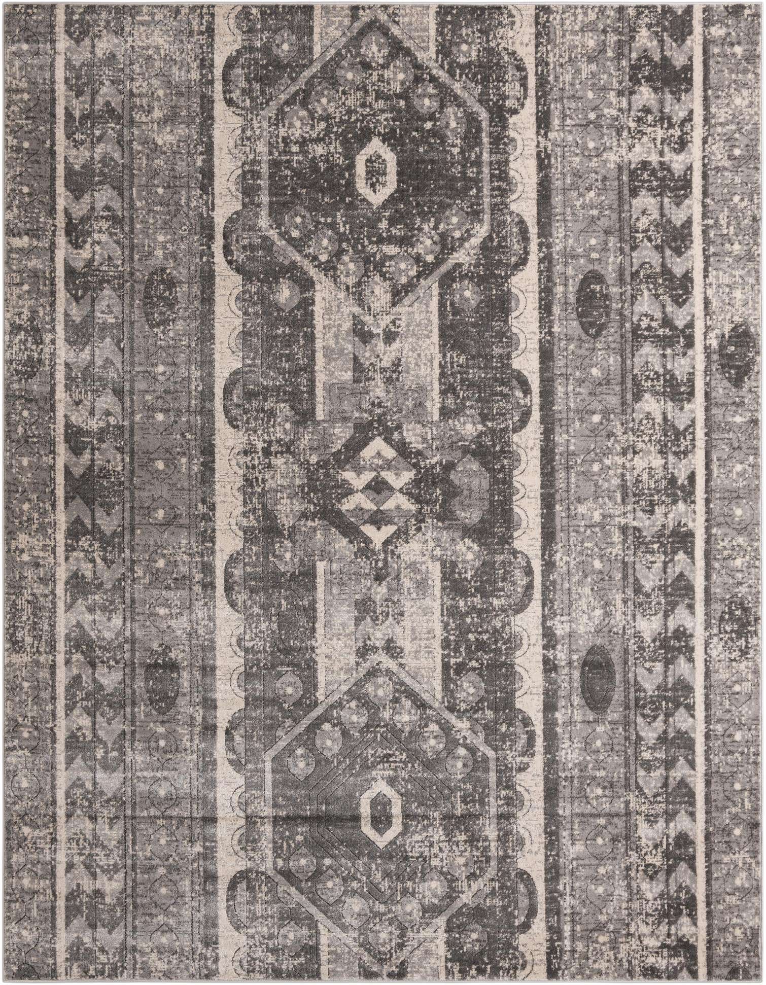 A 9x12 rectangular gray area rug featuring a distressed bohemian and tribal stripe pattern, ideal for a living room.