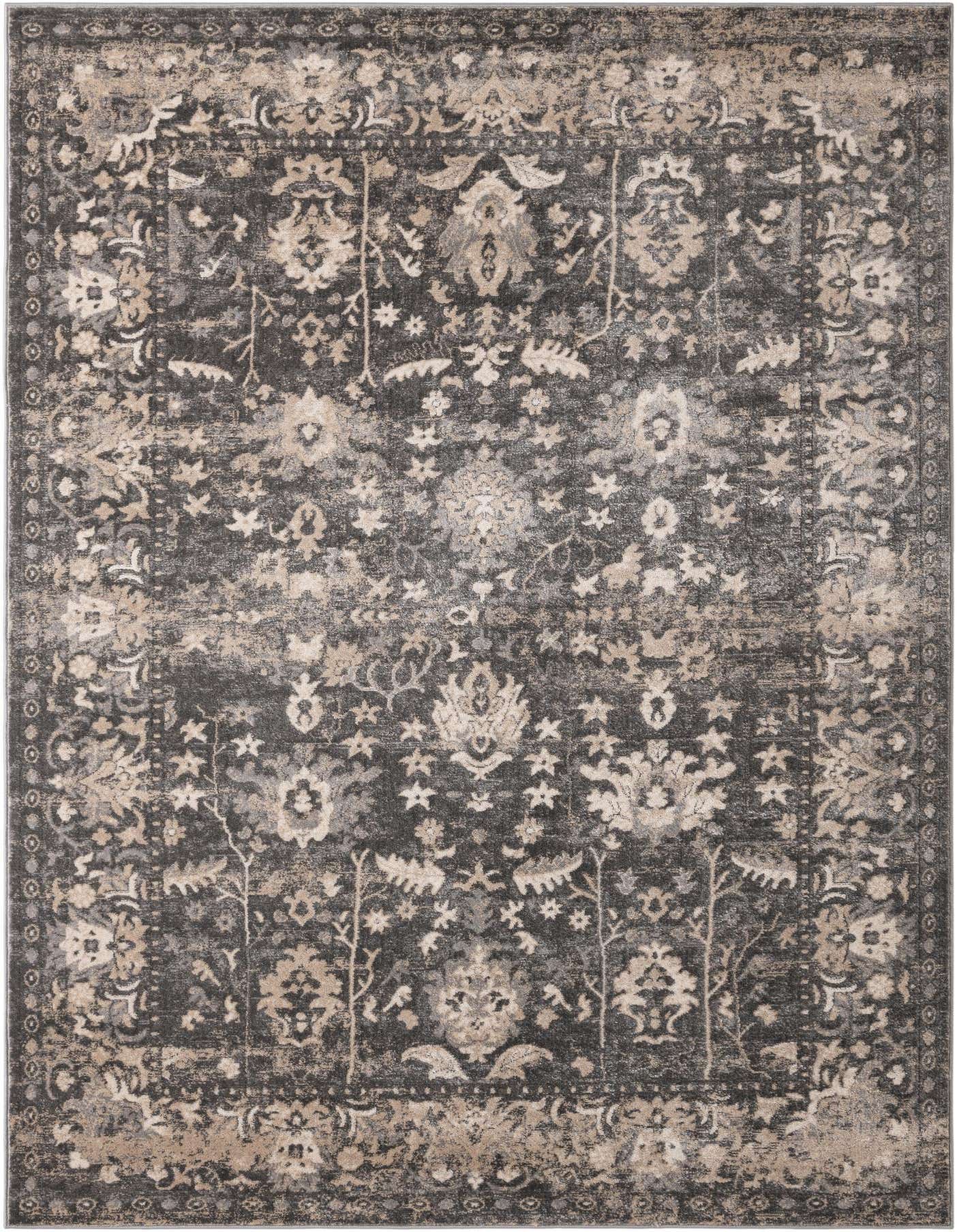 A 7x10 rectangular gray shabby-chic area rug with a distressed traditional floral pattern in silver and beige tones.