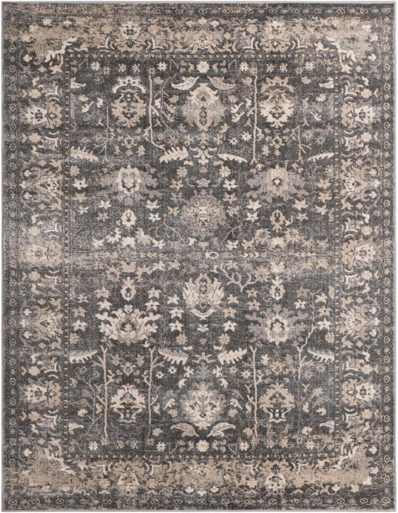 A 6x9 rectangular Oregon Collection rug featuring a distressed traditional floral pattern in shades of gray and beige.