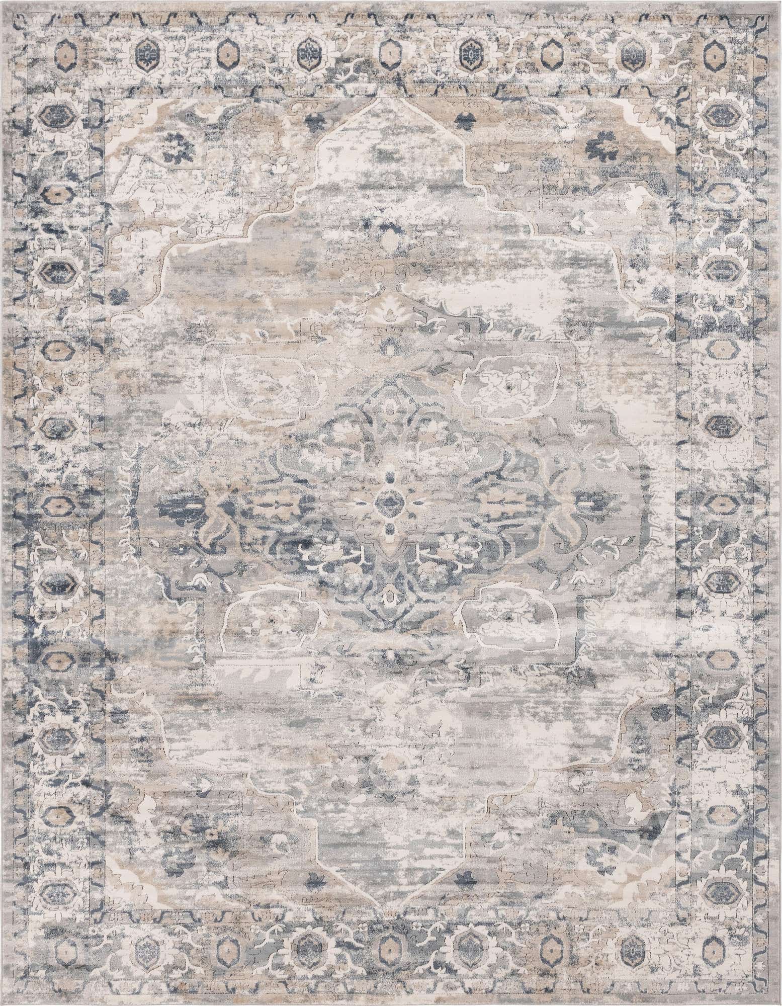 A 10x14 rectangular gray and silver shabby-chic area rug with a faded traditional medallion pattern and border.