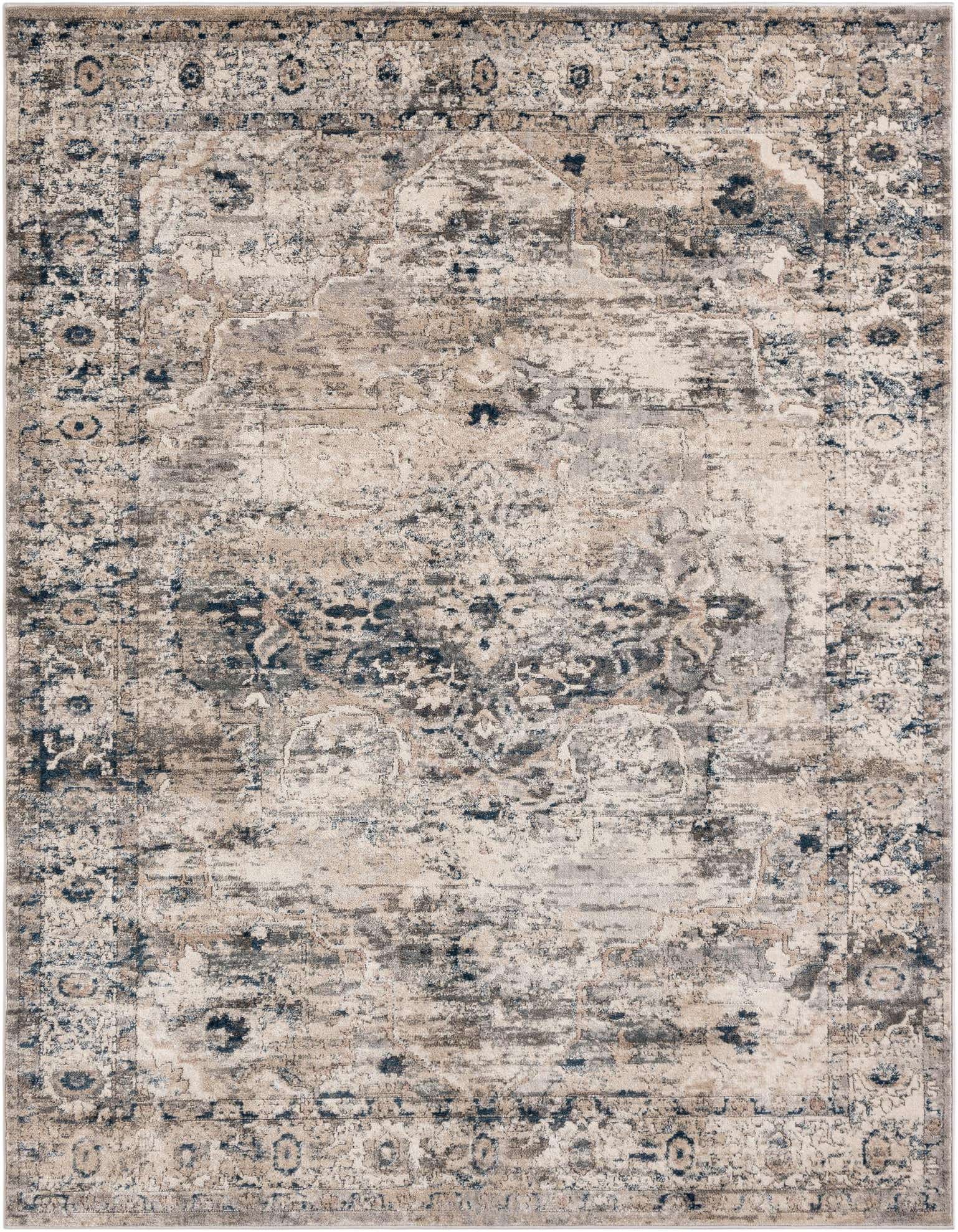 An 8x10 rectangular gray shabby-chic area rug with a distressed traditional medallion pattern, ideal for a living room.