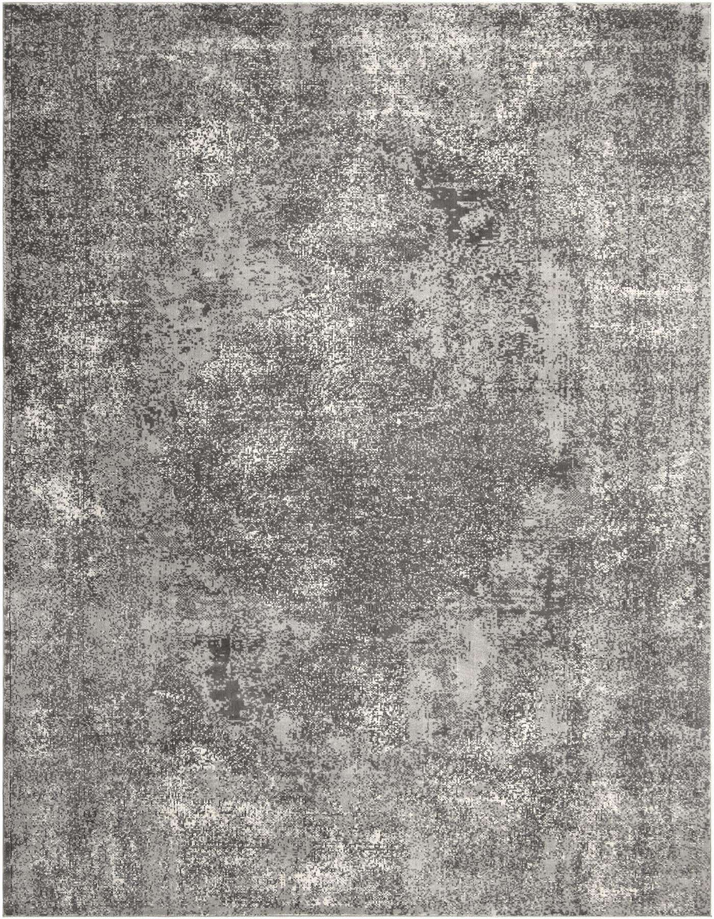 A 10x14 rectangular gray and silver shabby-chic area rug with a distressed, textured pattern, suitable for a living room.