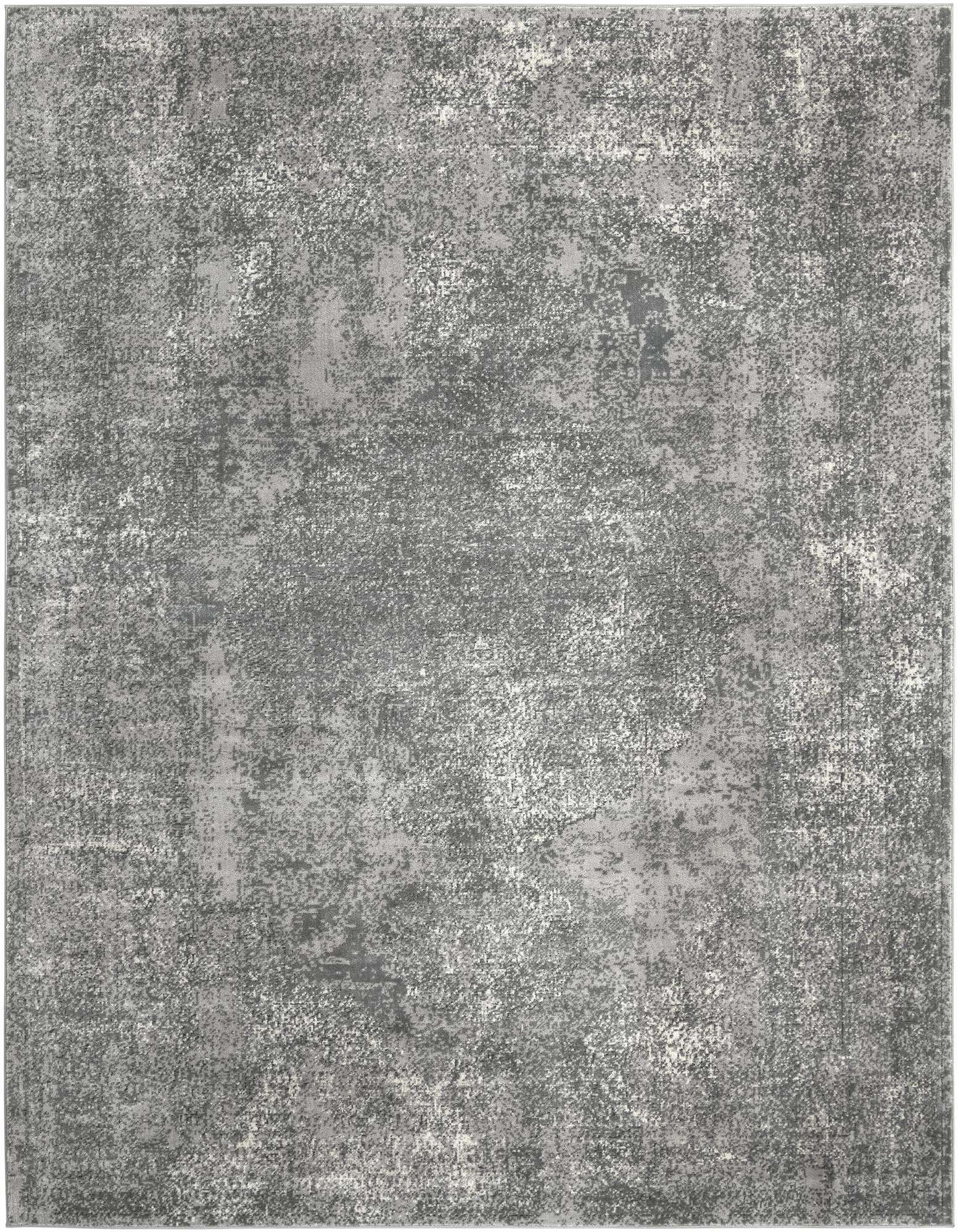 A 10x13 rectangular gray area rug with a distressed, shabby-chic pattern, ideal for a living room or office.