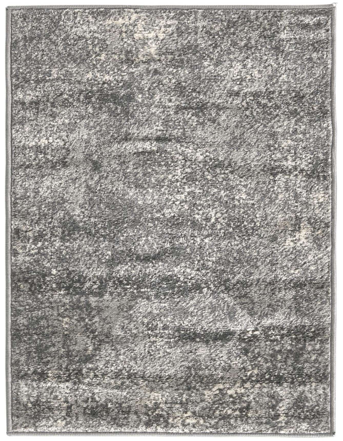 A 2x3 rectangular gray and silver shabby-chic area rug with a textured, high pile, suitable for indoor use.