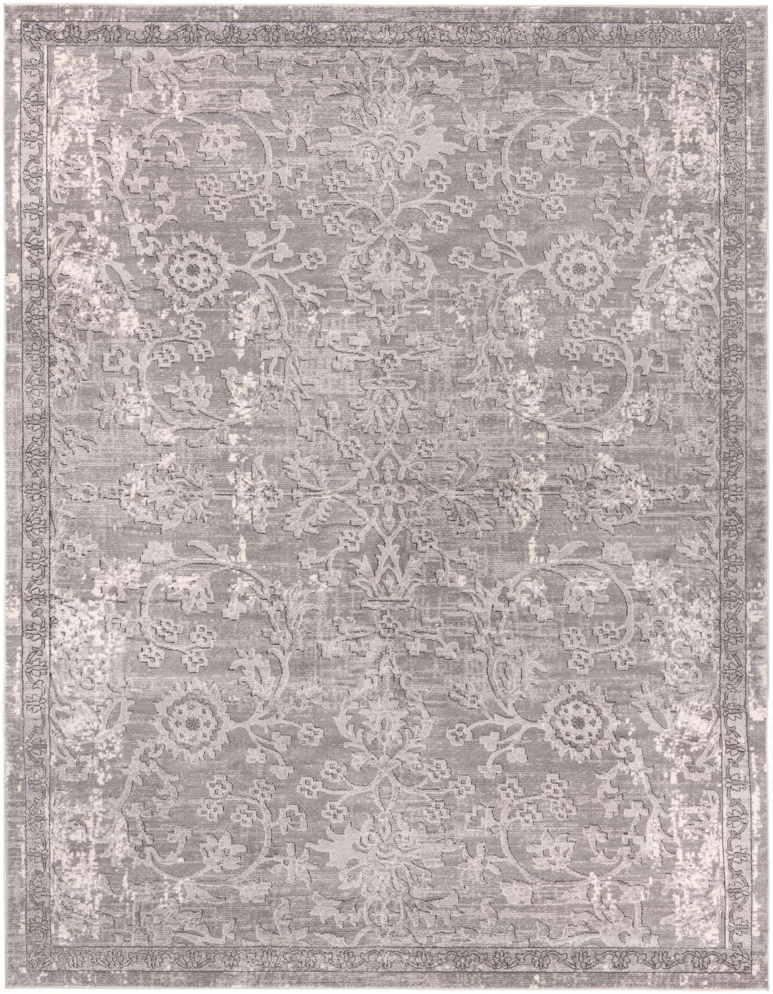 A 10x13 rectangular gray area rug with a distressed traditional floral and botanical pattern, featuring a textured pile.