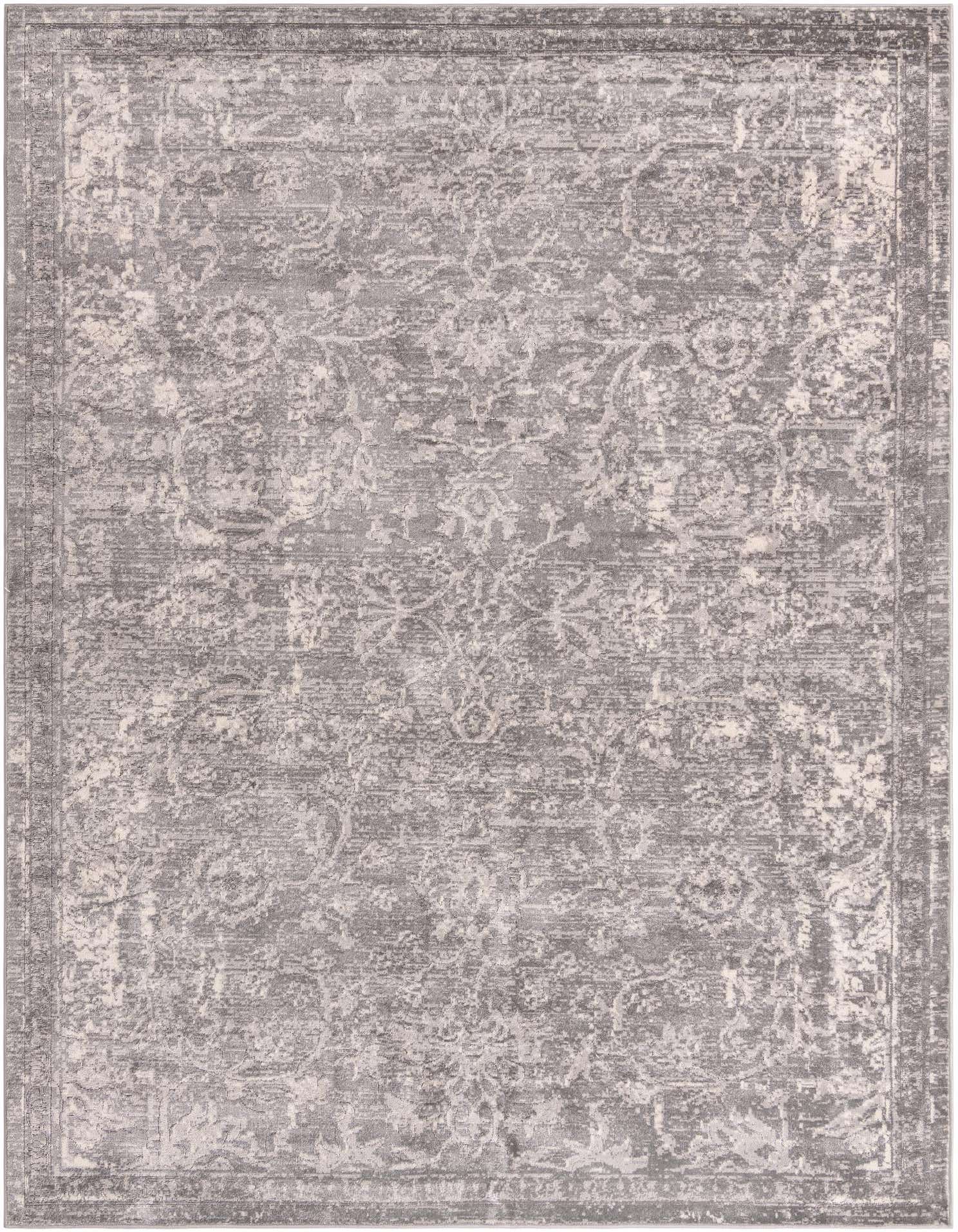 A 9x12 rectangular gray shabby-chic area rug with a distressed traditional botanical pattern and textured pile.