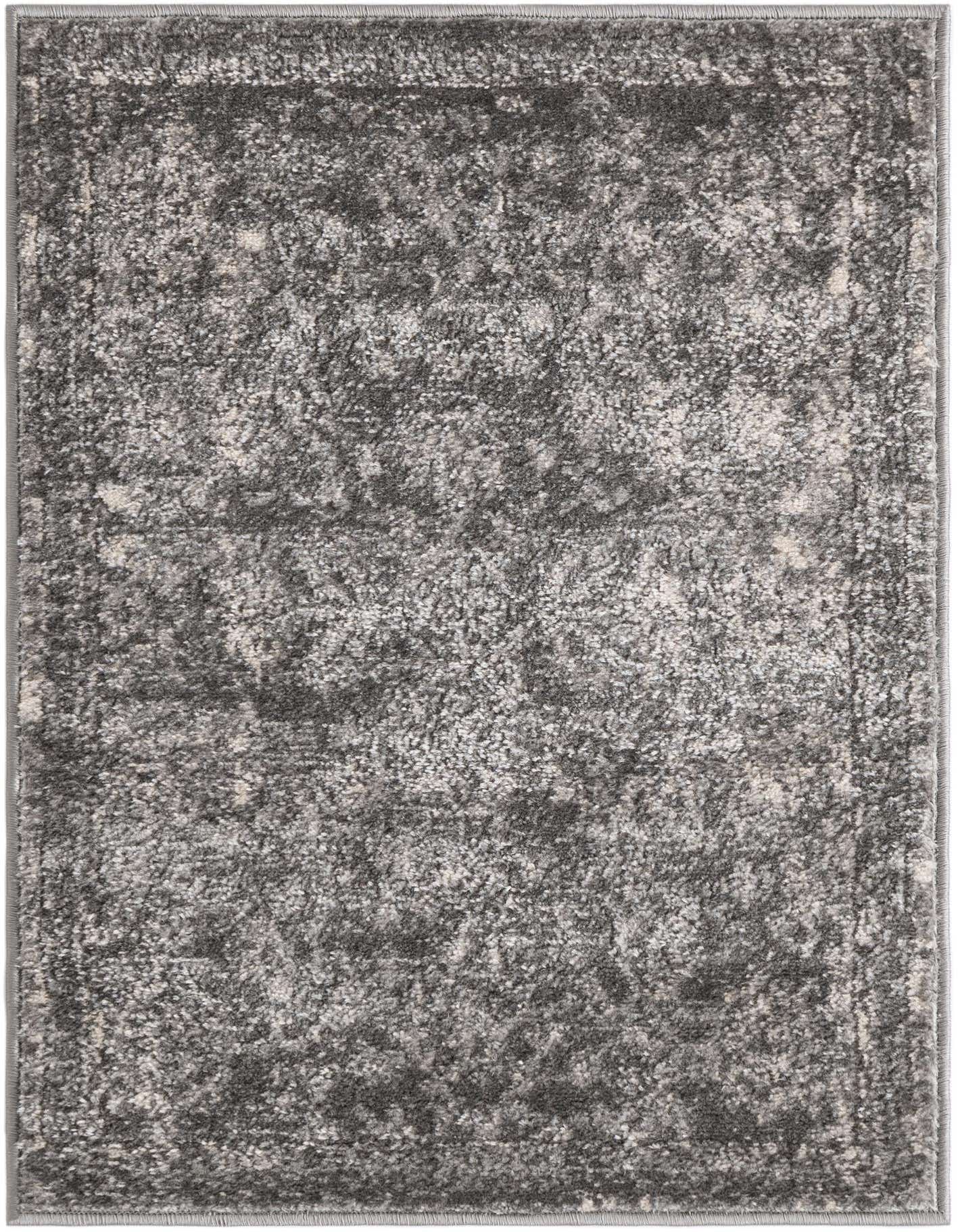 A 2x3 rectangular gray shabby-chic rug with a vintage, distressed floral pattern and textured pile.