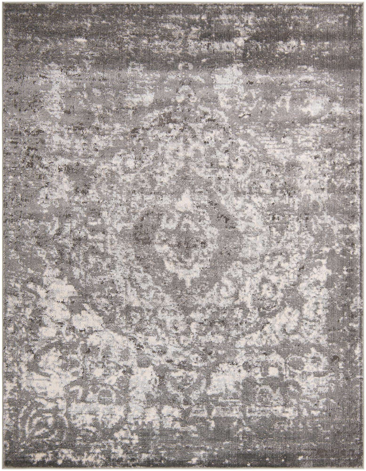 An 8x10 rectangular gray area rug with a distressed medallion pattern, featuring light and dark gray tones.