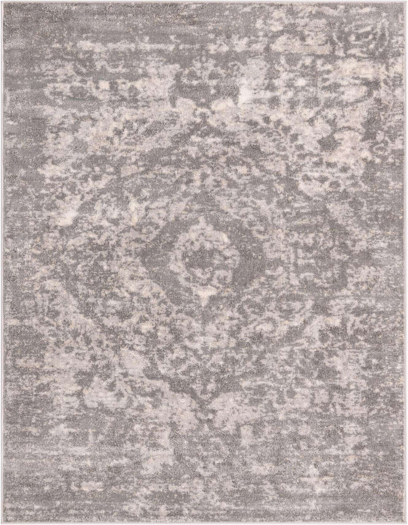 A 5x8 rectangular gray area rug with a distressed medallion pattern, ideal for a living room or office.