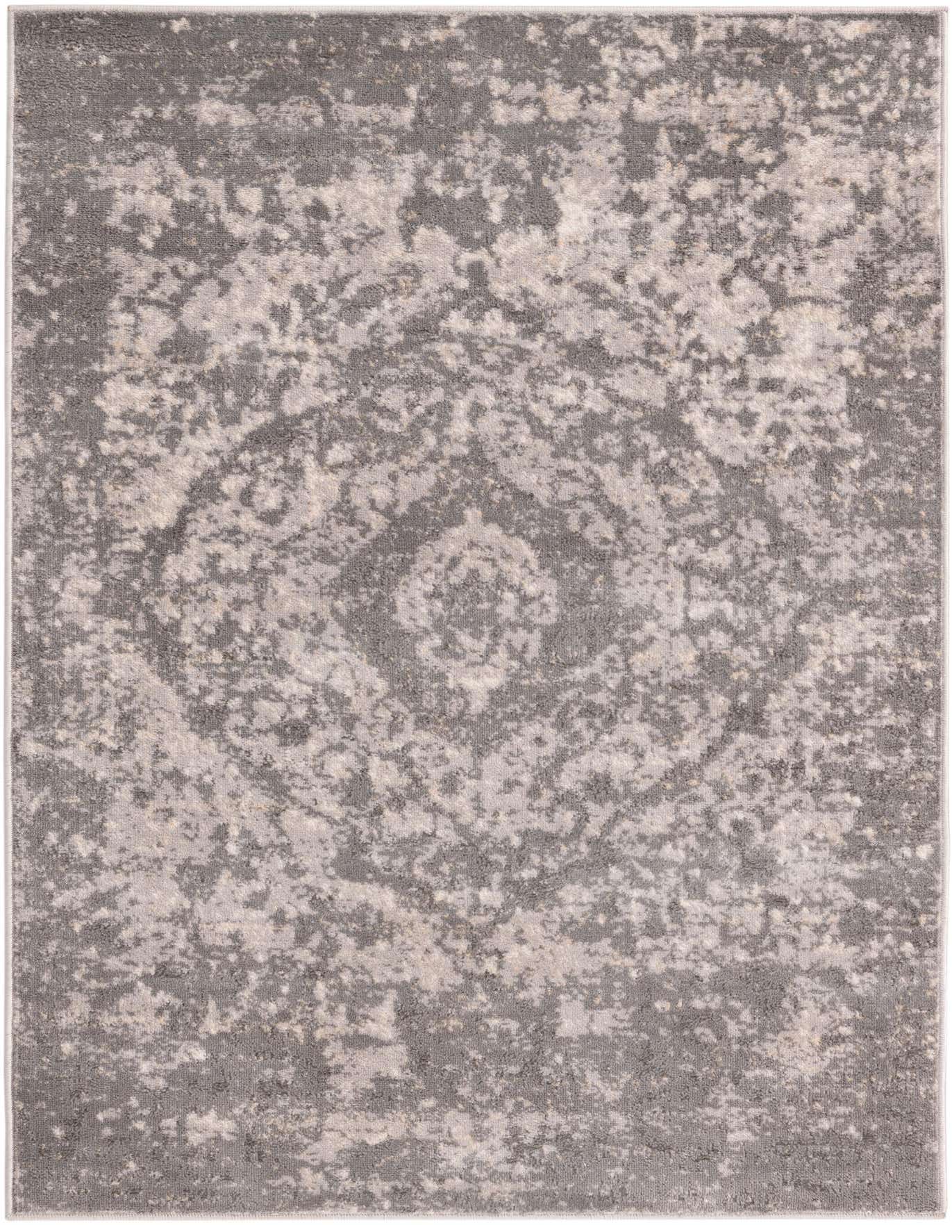 A 4x6 rectangular gray shabby-chic rug with a faded traditional medallion pattern, ideal for a living room or office.