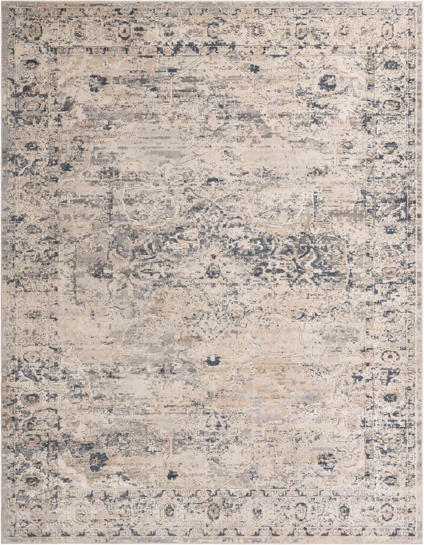 A large 12x16 rectangular area rug featuring a distressed transitional medallion pattern in shades of gray and silver.