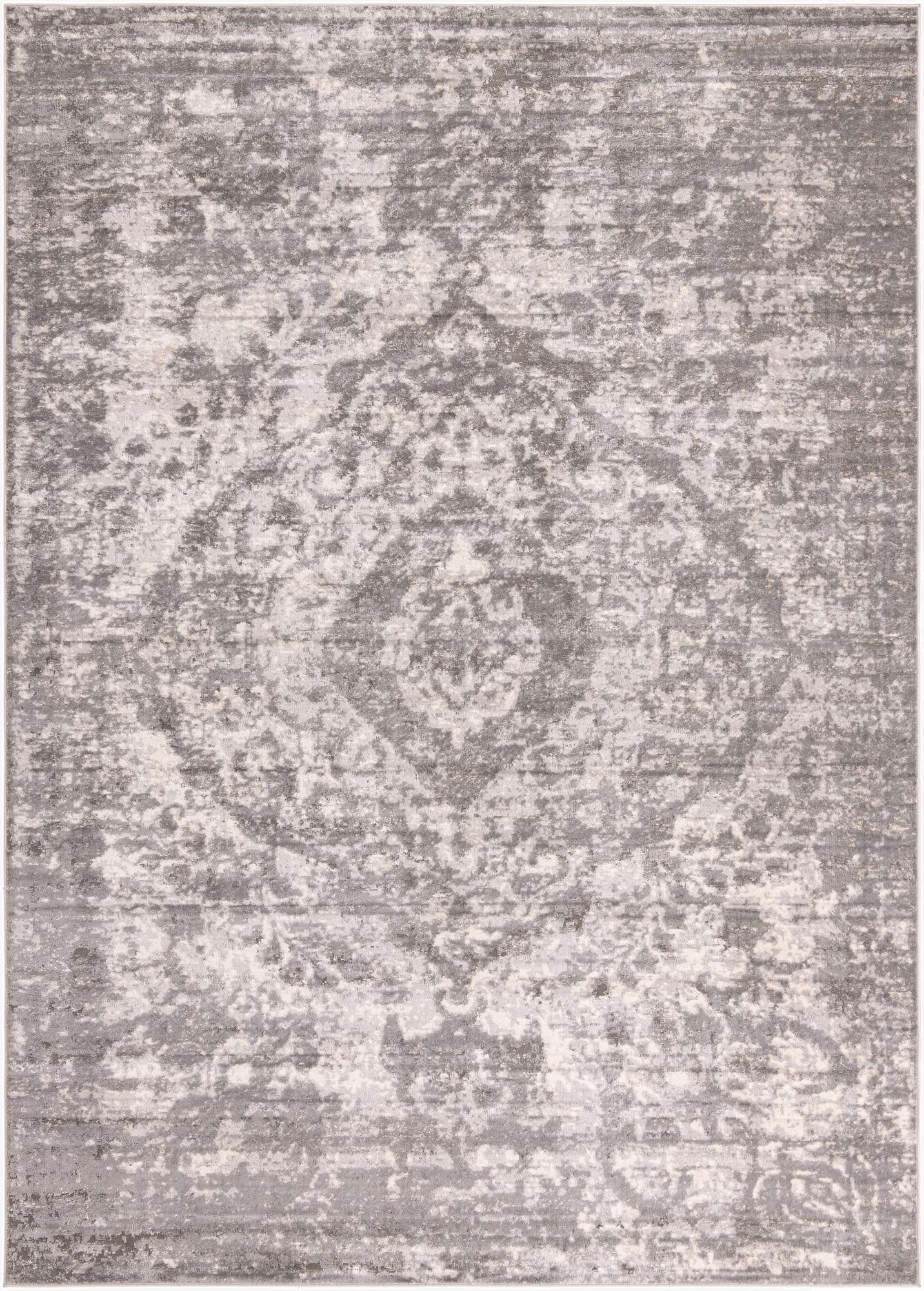 A 10x14 rectangular gray and silver shabby-chic area rug with a faded traditional medallion pattern, ideal for an indoor living space.