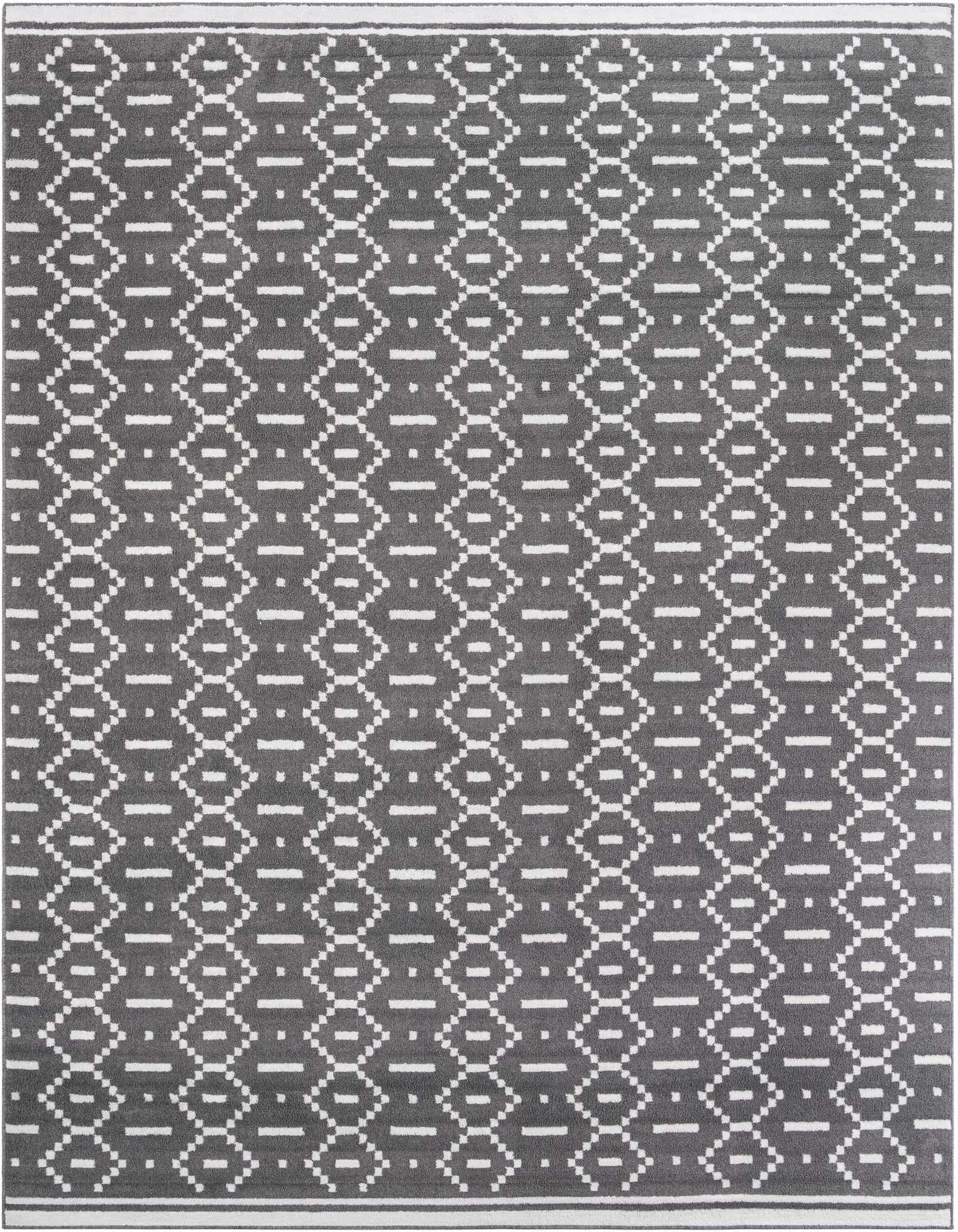 A 10x13 rectangular gray area rug with a modern geometric pattern of white diamonds and dashes, suitable for a living room.