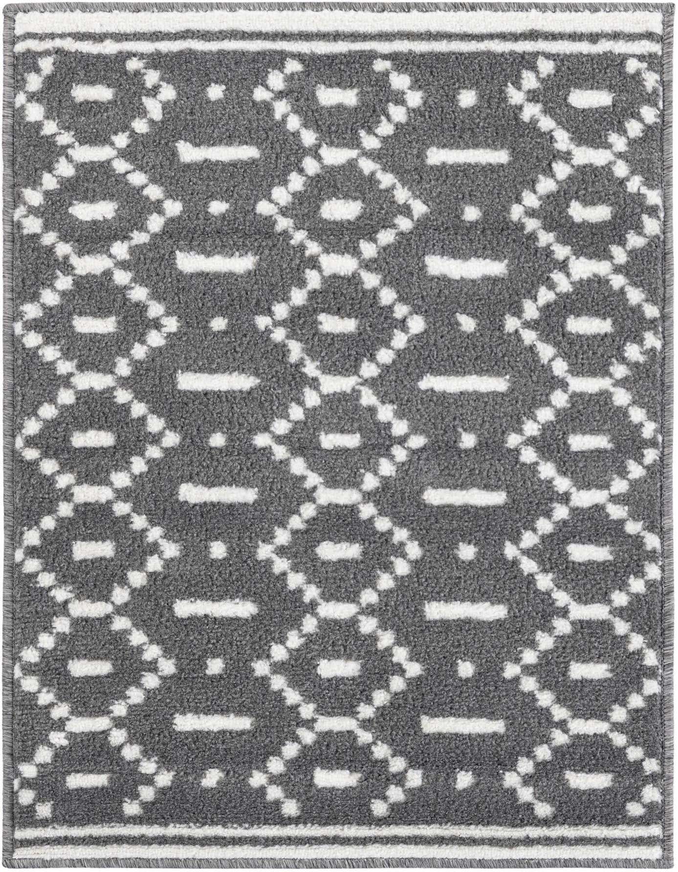 A 2x3 rectangular gray modern rug with a white geometric diamond pattern and white border.