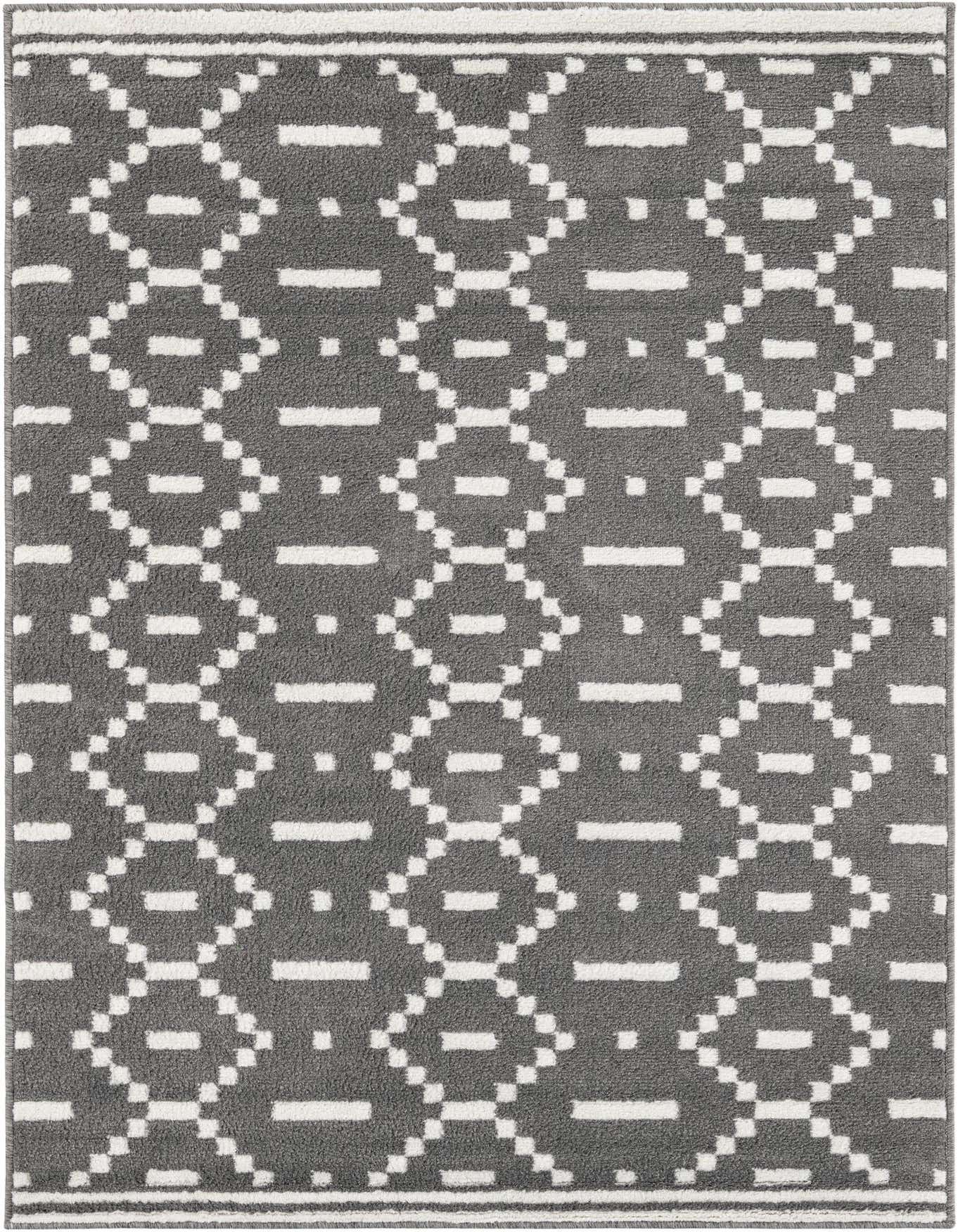 A 4x6 rectangular gray modern area rug with a repeating white geometric diamond and dash pattern, suitable for various indoor rooms.