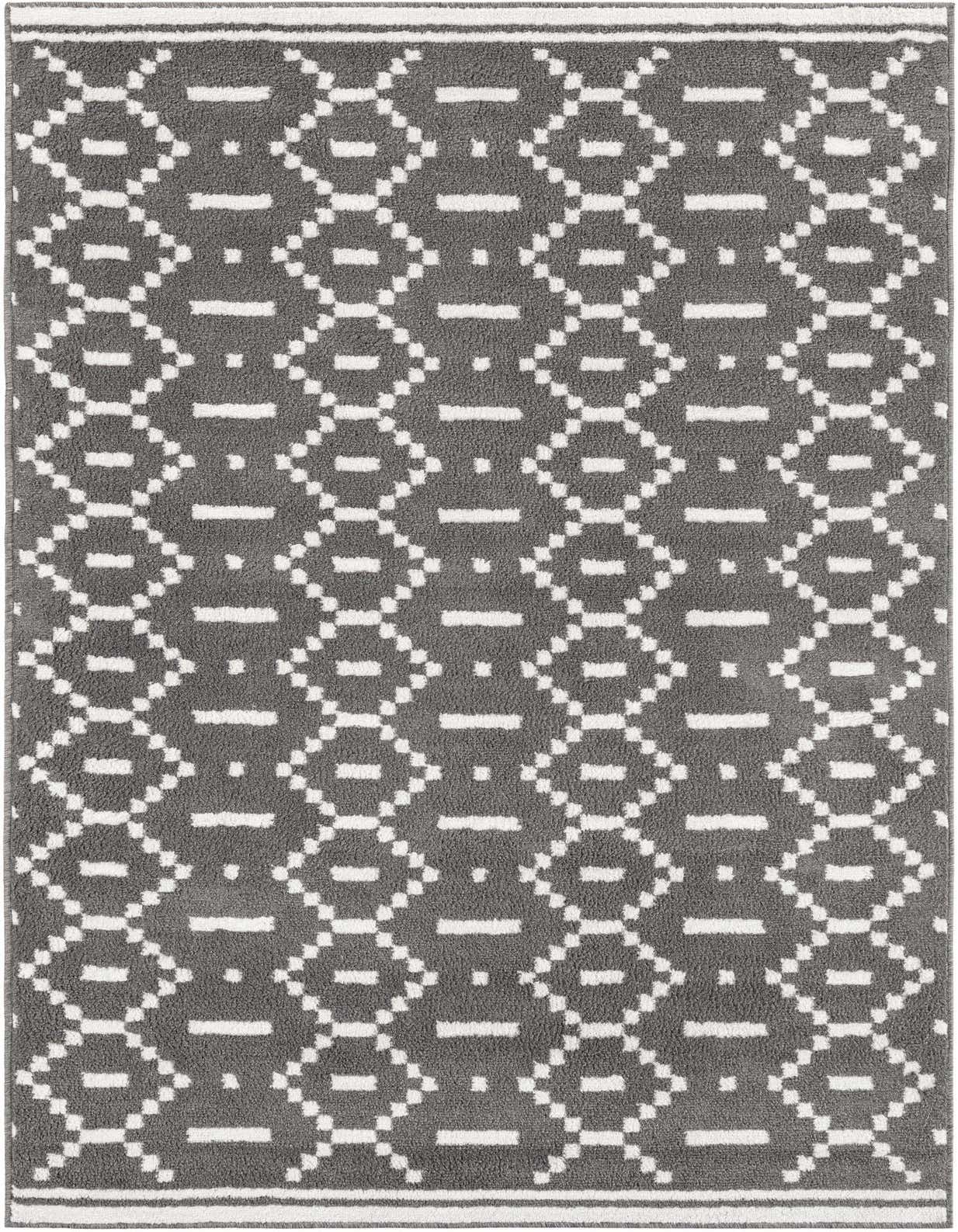A 5x8 rectangular gray modern area rug with a repeating white geometric diamond and dash pattern, suitable for a living room.