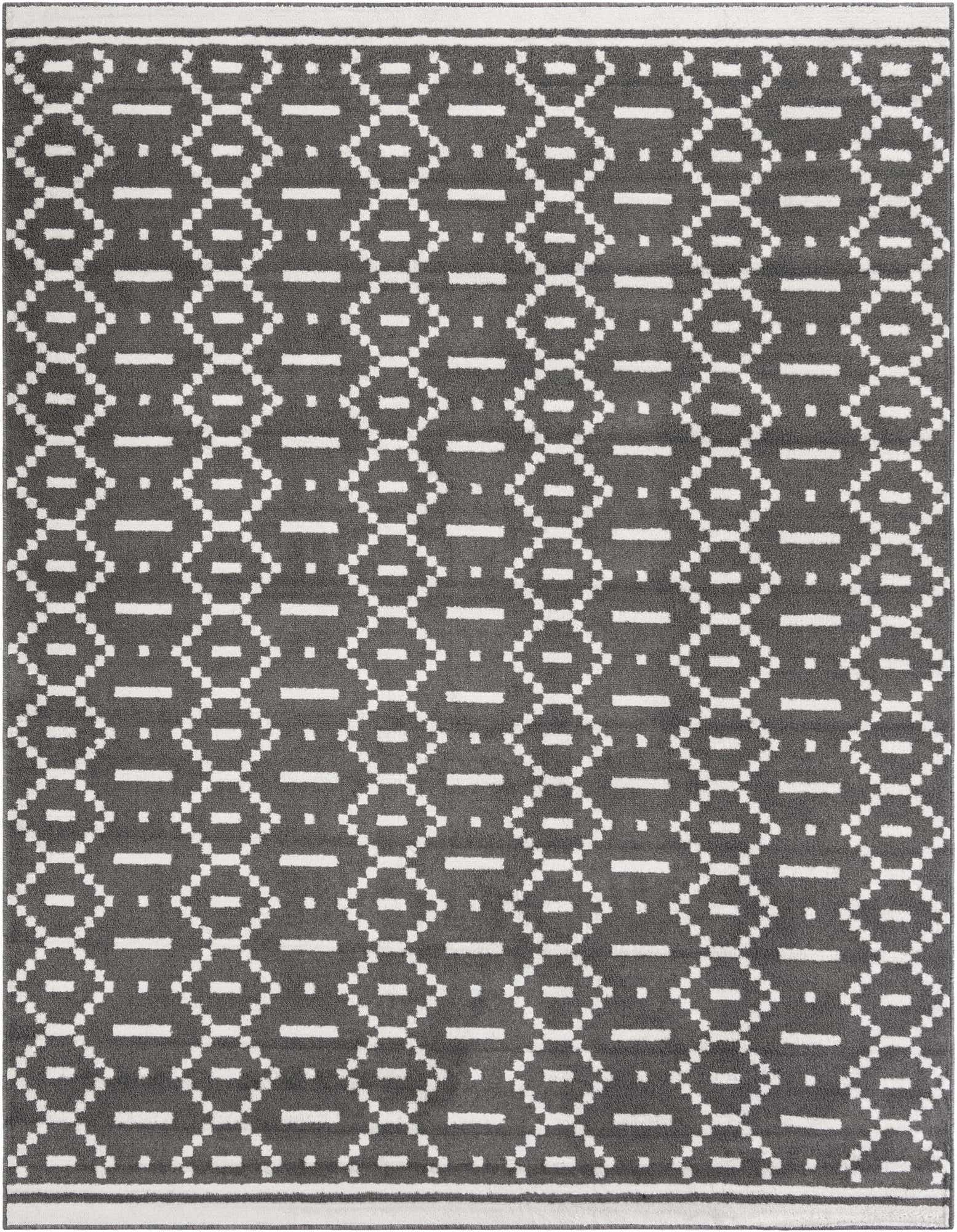 A rectangular 8x10 gray area rug with a repeating white geometric diamond and dash pattern, featuring a white border.