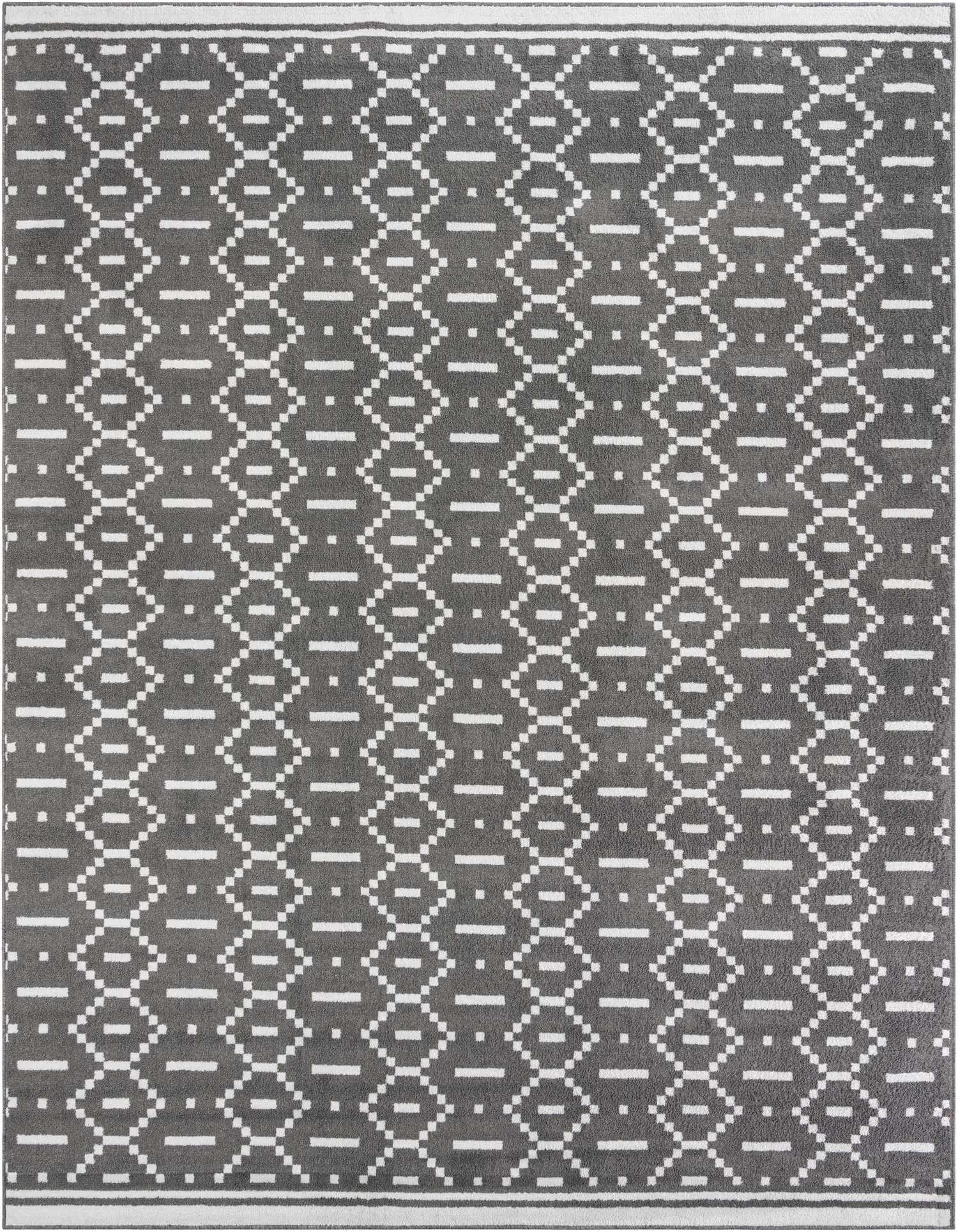 A 9x12 rectangular gray modern area rug featuring a repeating geometric pattern of white diamonds and dashes.