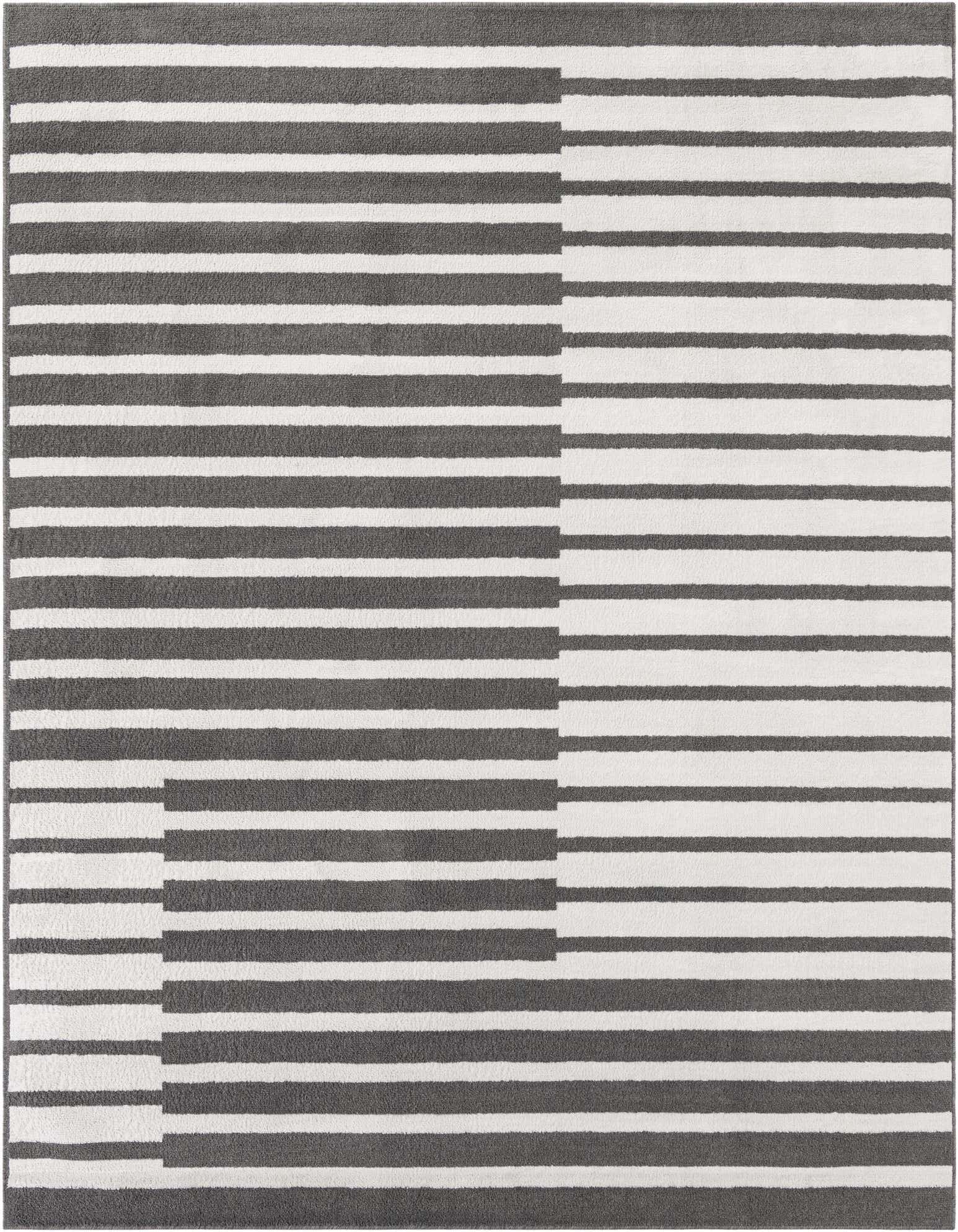 A rectangular 8x10 gray and white striped modern area rug with a unique interlocking block pattern, suitable for a living room.