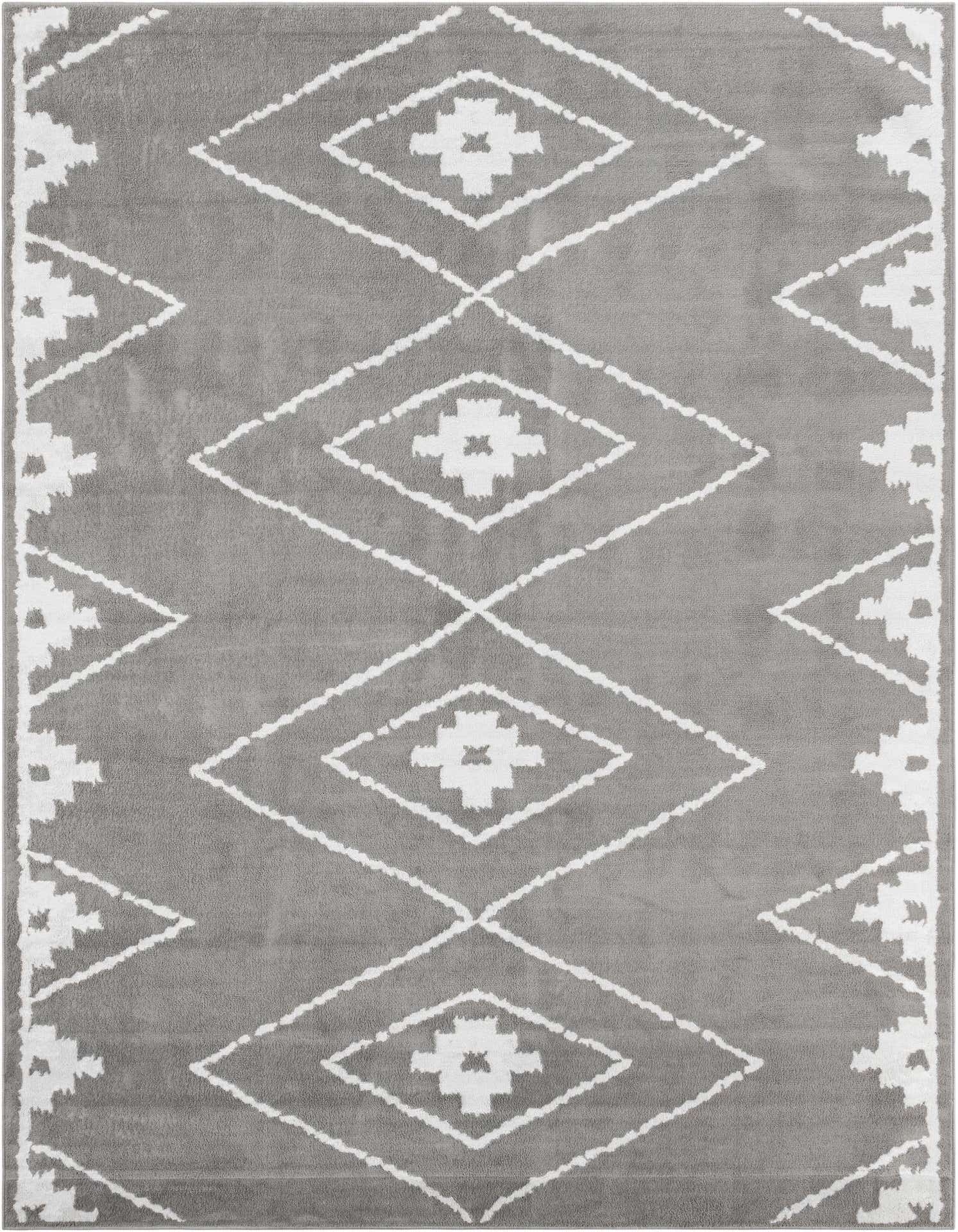 A 9x12 rectangular gray modern area rug with a white geometric diamond pattern, suitable for a living room.