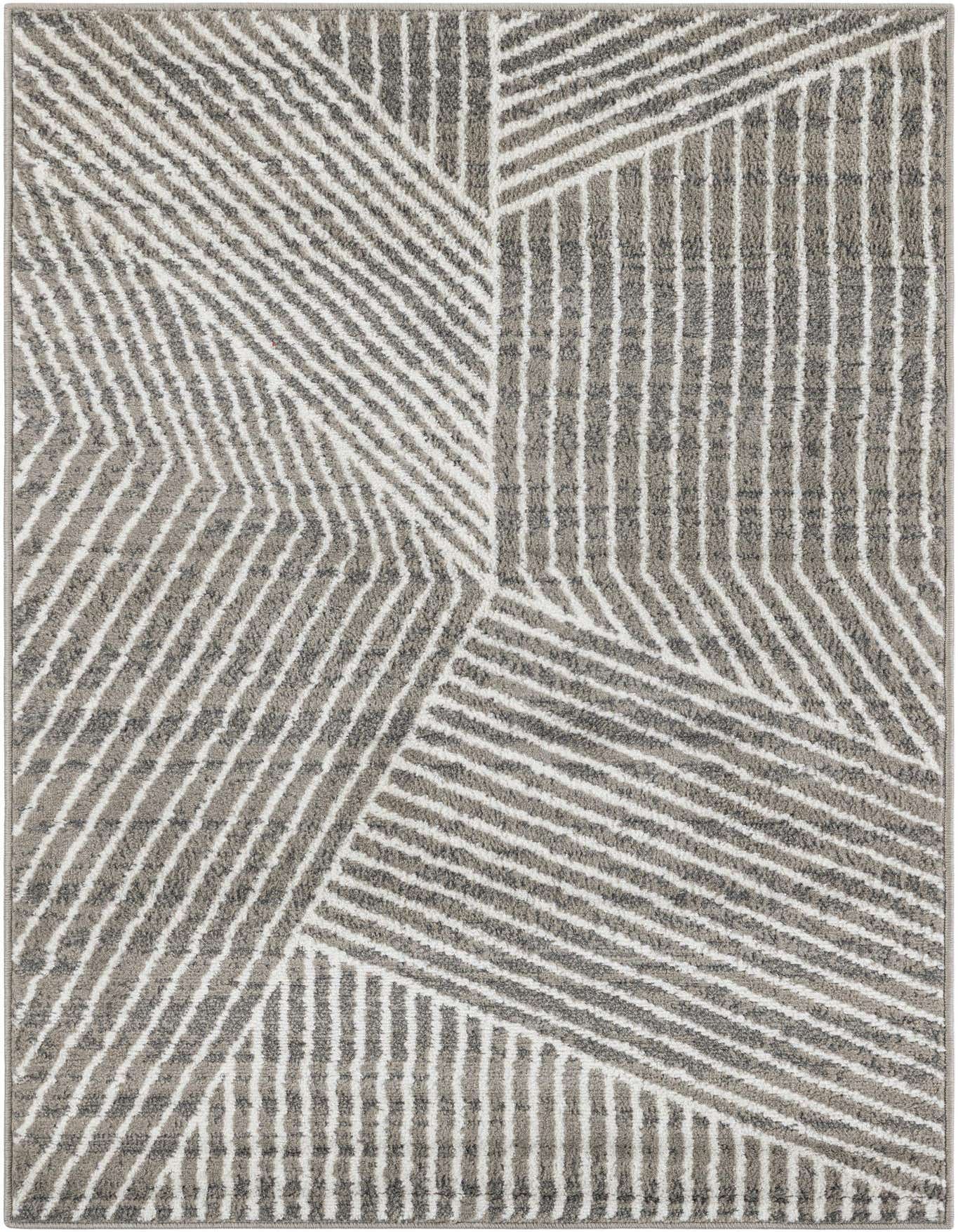 A 4x6 rectangular gray and white modern striped rug with a geometric pattern, suitable for various indoor rooms.
