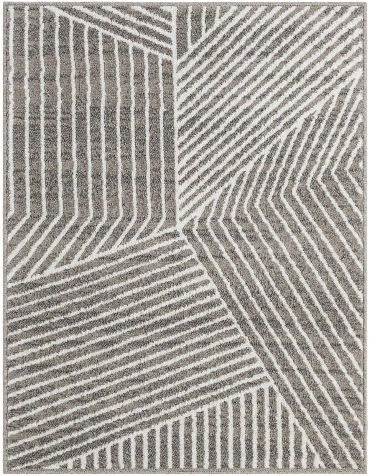 A 3x5 rectangular gray and white rug with a modern geometric pattern of varying stripe directions, suitable for an entryway.