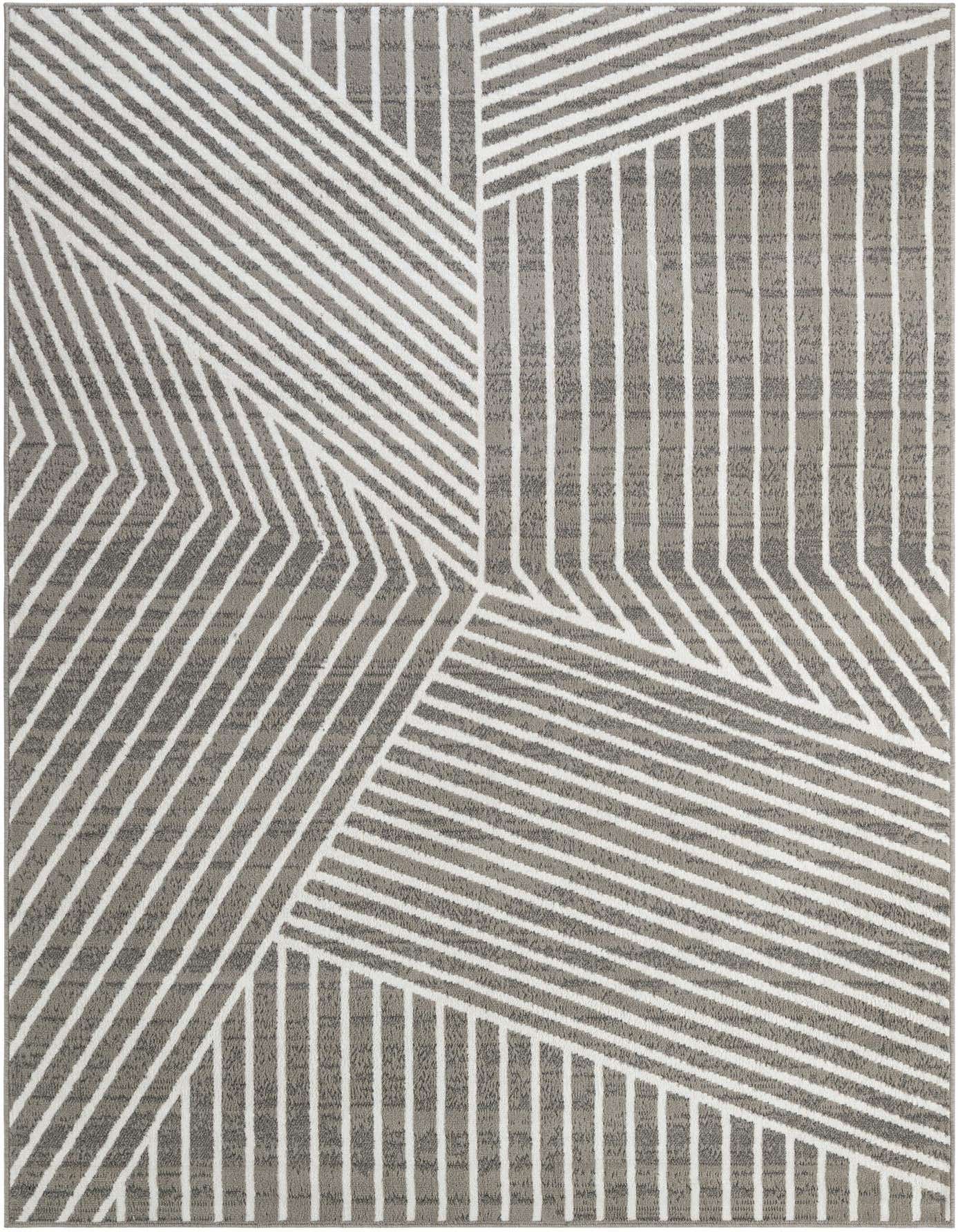 A 7x10 rectangular gray area rug with a modern geometric pattern of intersecting white and gray stripes.