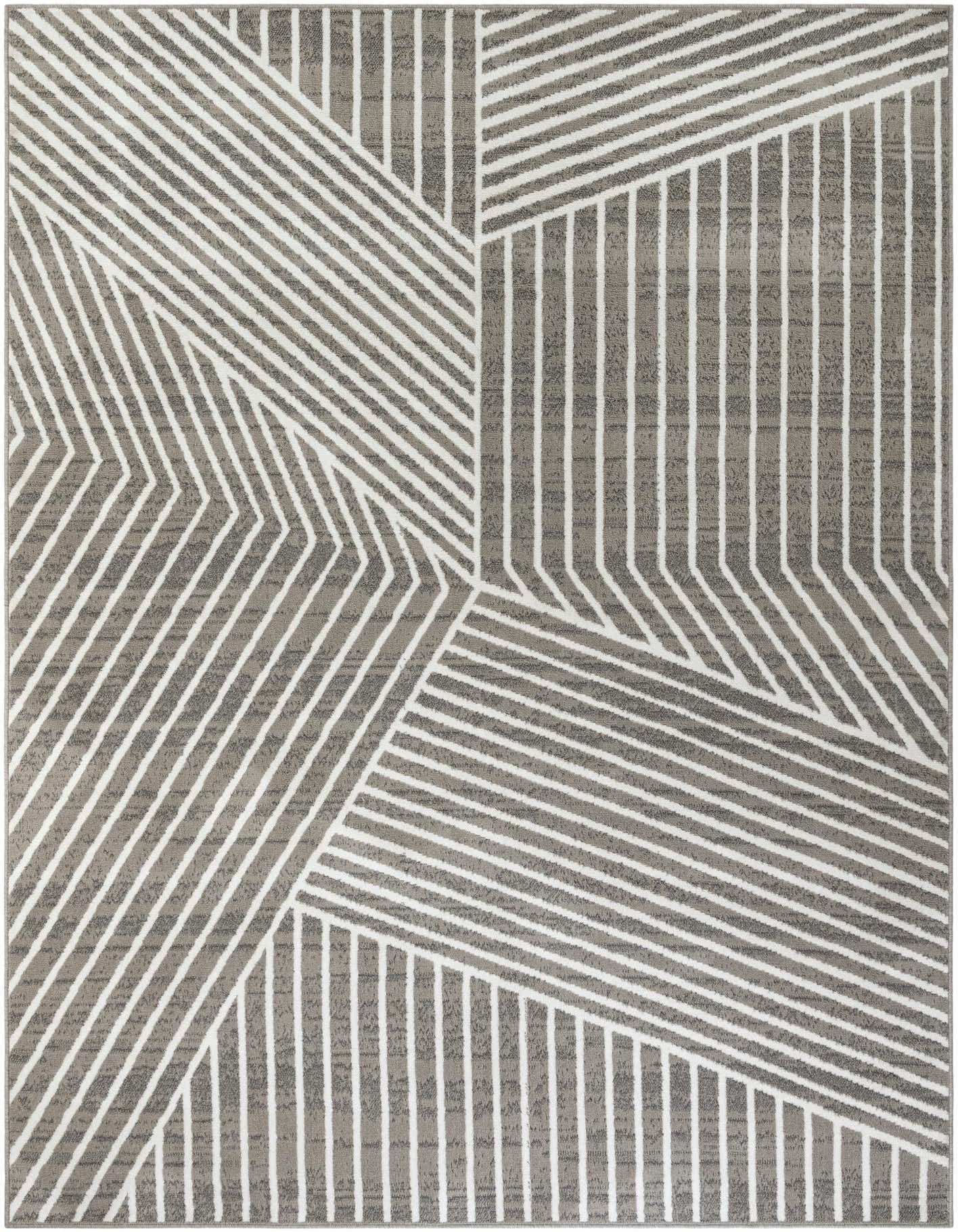 A rectangular 8x11 gray modern rug with a bold geometric stripe pattern in varying shades of gray and white.