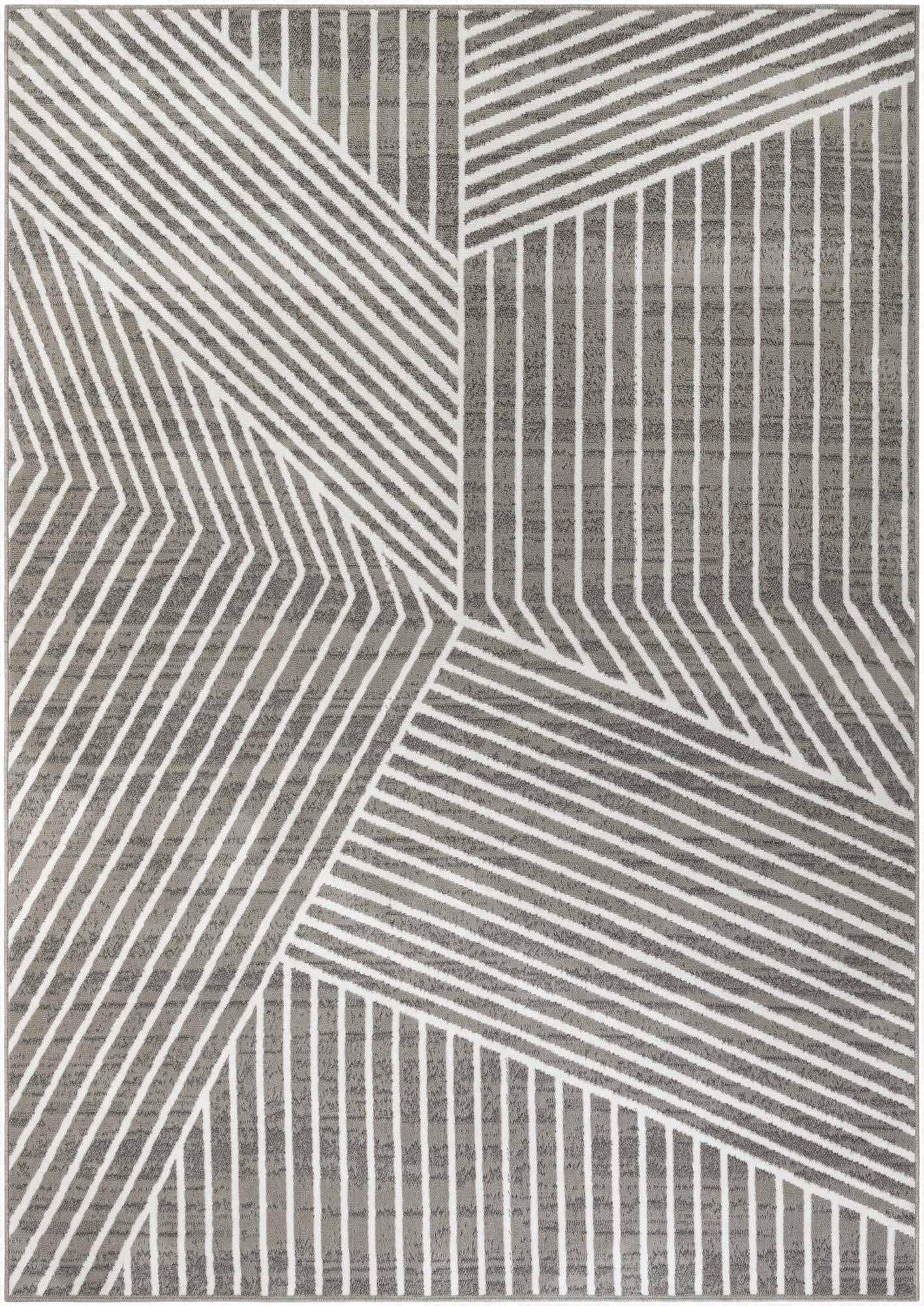 A rectangular 8x11 gray modern rug with a bold geometric stripe pattern in varying shades of gray and white.