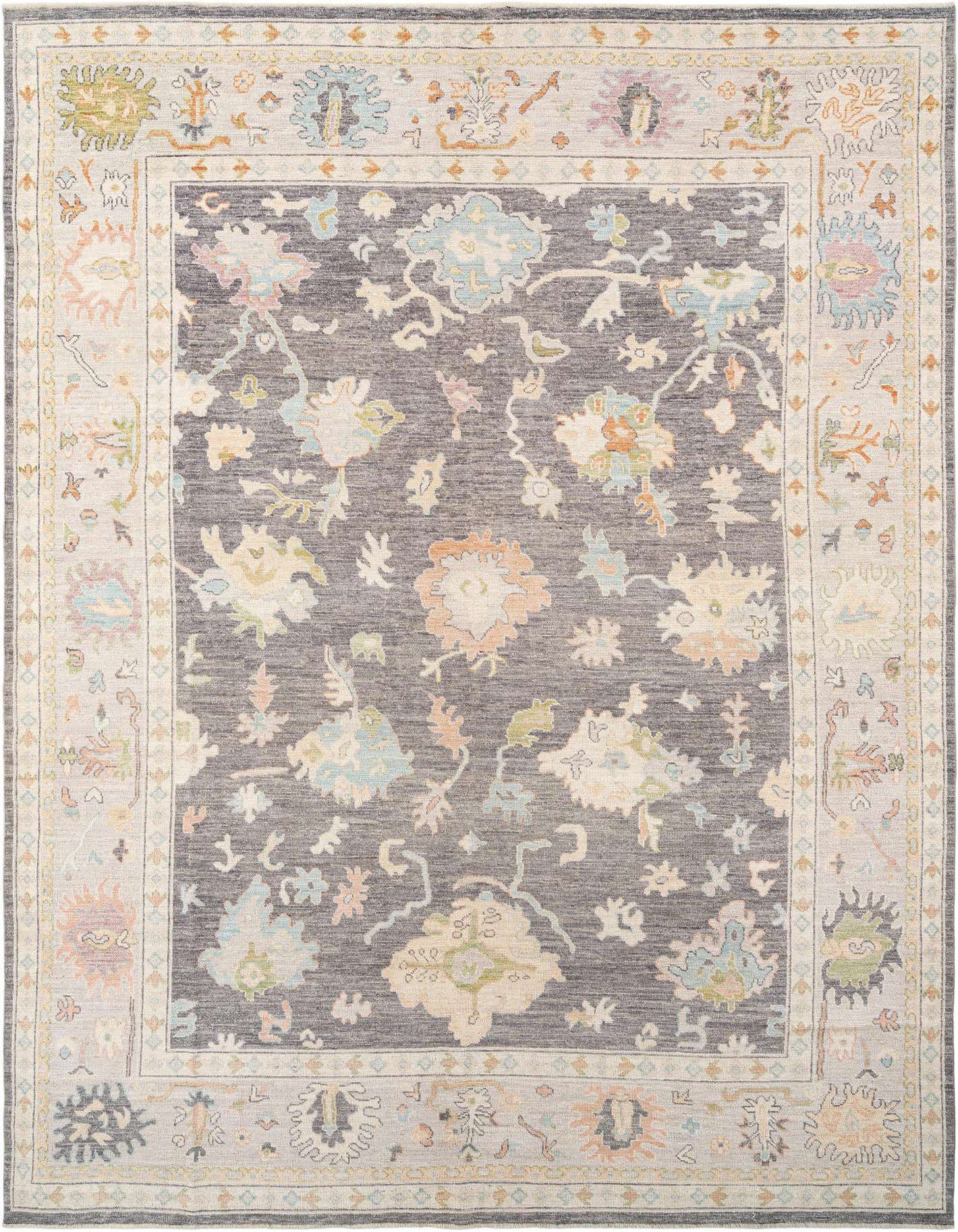 Handmade rectangular Oushak rug featuring a gray field with colorful Persian floral motifs and a light border.