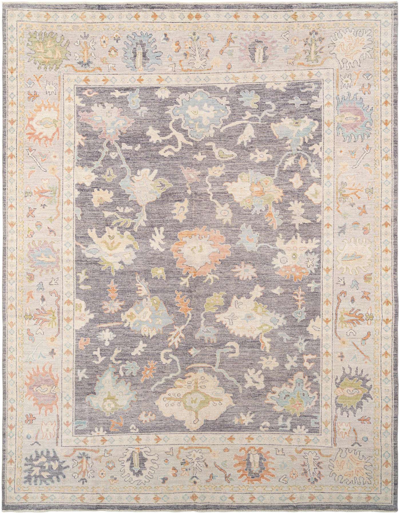 Handmade rectangular Oushak Persian rug with a gray field and a light border, featuring colorful floral motifs.