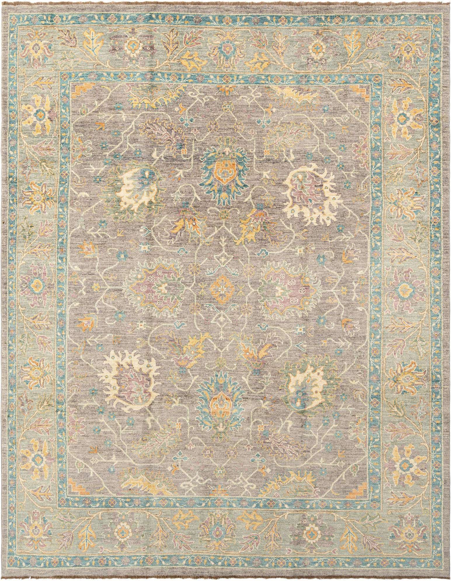 Handmade rectangular Oushak Persian rug in shades of gray with intricate floral and medallion patterns in blue, yellow, and subtle pastels, featuring a decorative border.