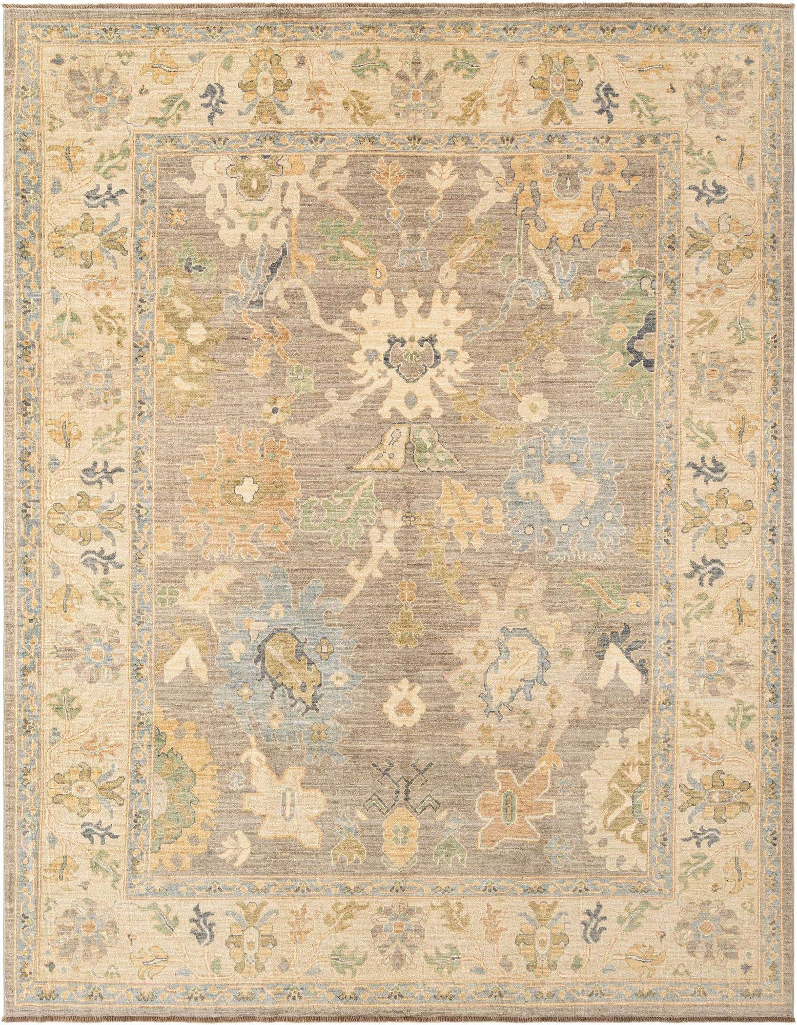 Handmade rectangular Oushak Persian rug with a gray center and an ornate floral border in cream, blue, and green.