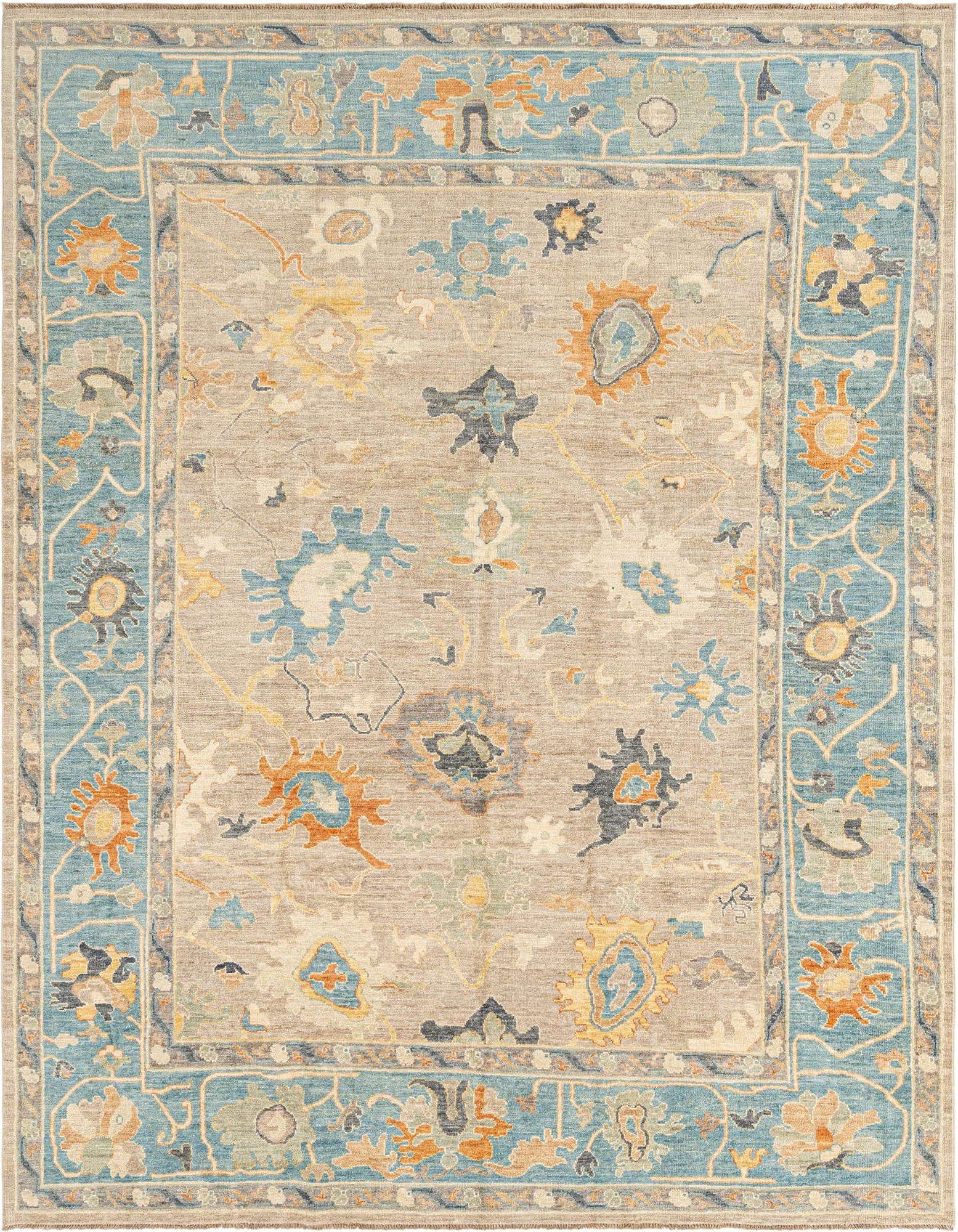 A rectangular Oushak Persian rug with a gray field and a wide teal border, featuring floral motifs in orange, blue, and yellow.