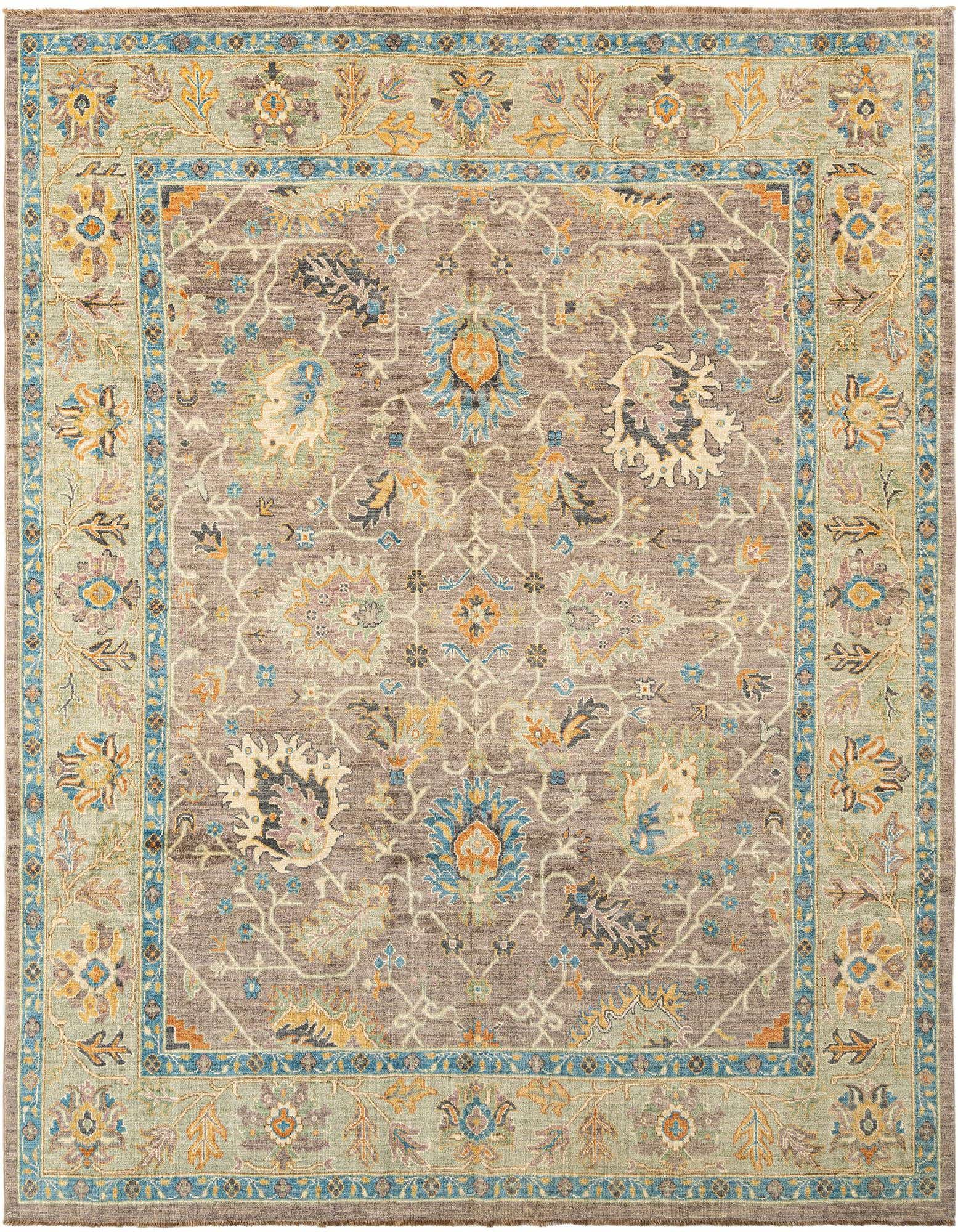 A rectangular Oushak Persian rug with a gray field and intricate floral patterns in blue, gold, and green.