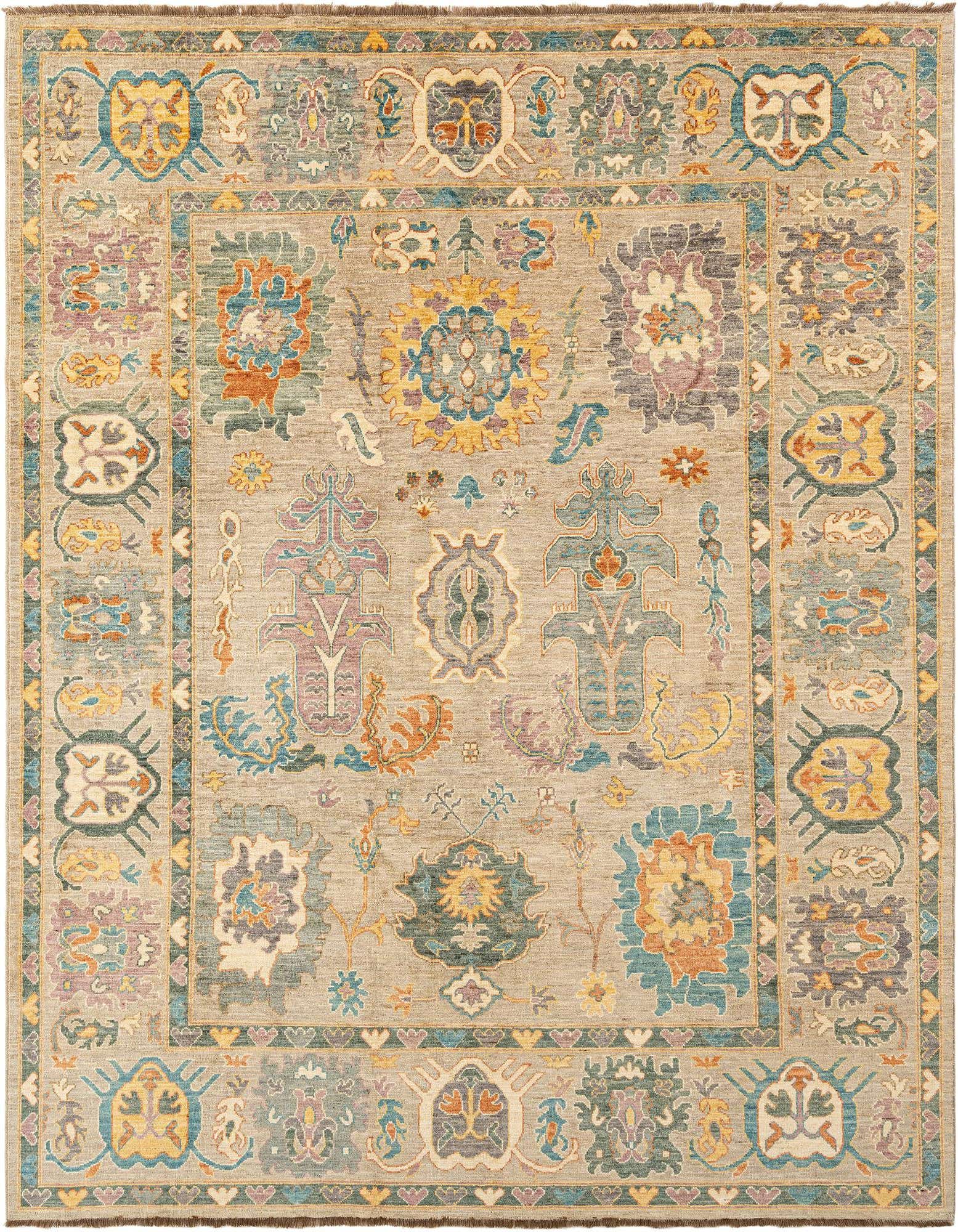 Handmade rectangular Oushak rug featuring a gray background with intricate Persian patterns in teal, yellow, orange, and purple.