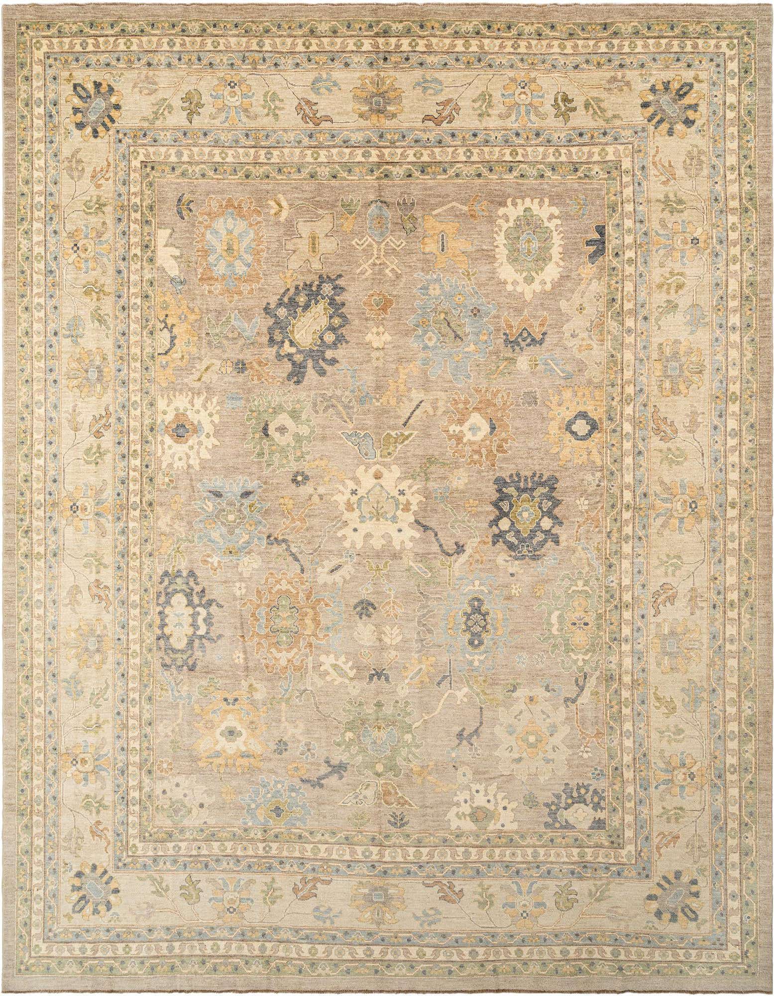 Handmade rectangular Oushak rug in grays and silvers with a detailed Persian floral pattern and multiple borders.
