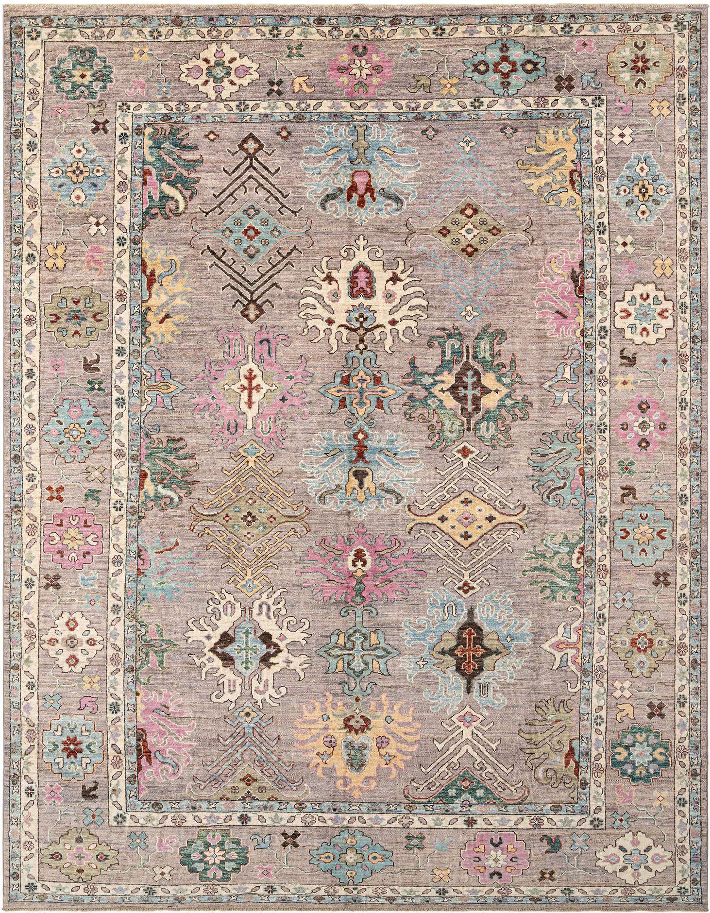 Handmade rectangular Oushak wool rug with a gray background and colorful Persian floral and geometric patterns, ideal for indoor spaces.
